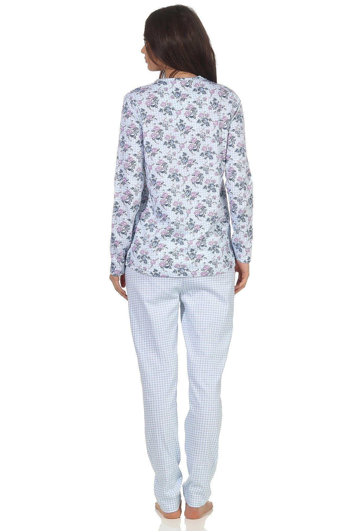 Normann Pyjama Klassischer Damen Schlafanzug 102 florales hellblau - im Muster 106 langarm