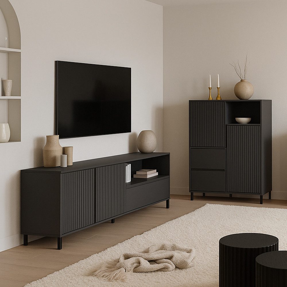 Lomadox Wohnzimmer-Set AMELIA-129, (Mega-Spar-Set, 2-St., Highboard Lowboard), Lowboard Highboard Anthrazit Rillen