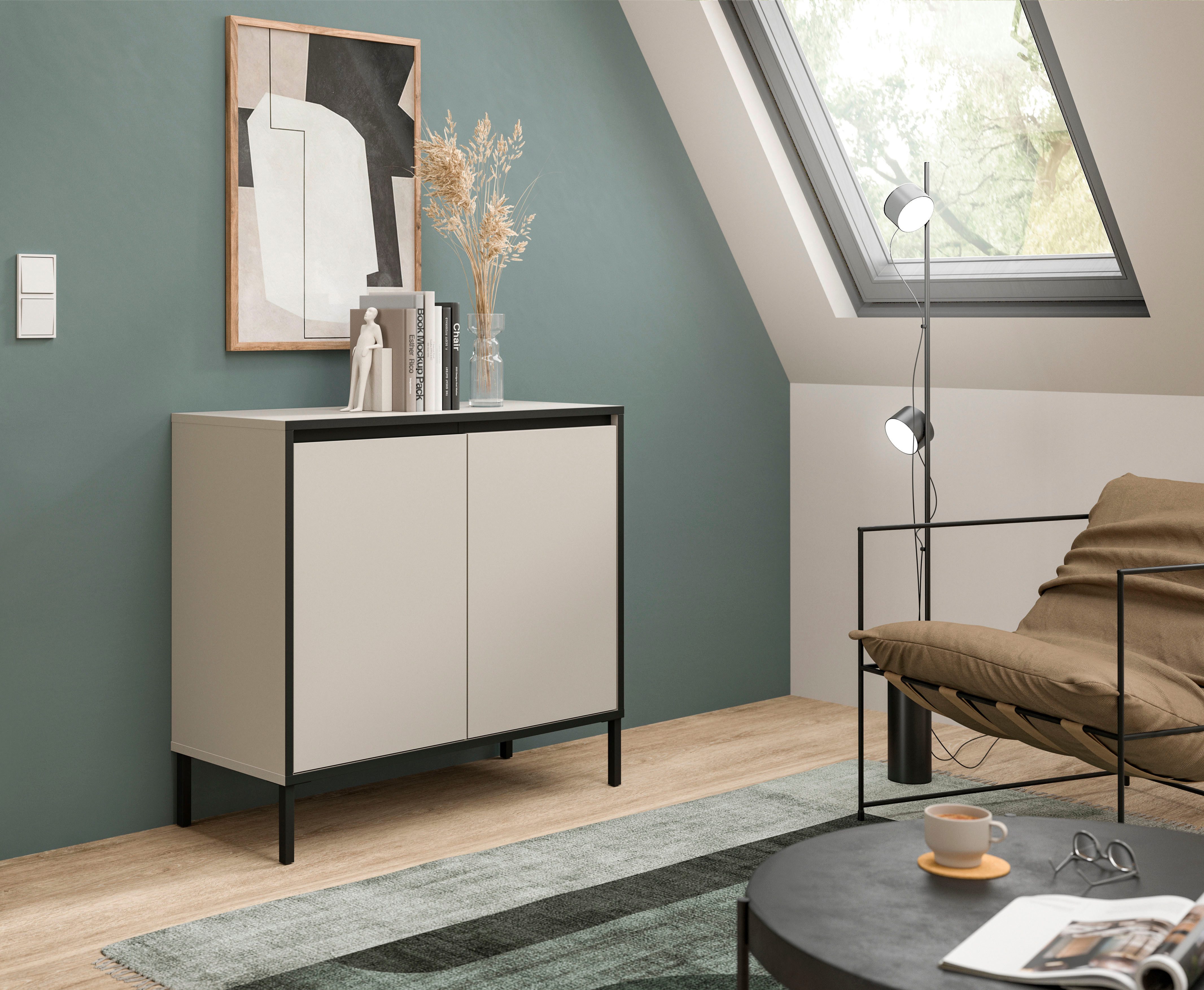Home affaire Kommode NORT, Höhe: 92 cm, mit Metall Stabfuß, 2 Türen, 2 Einlegeböden, Anrichte, Sideboard, Schrank, Board, Highboard