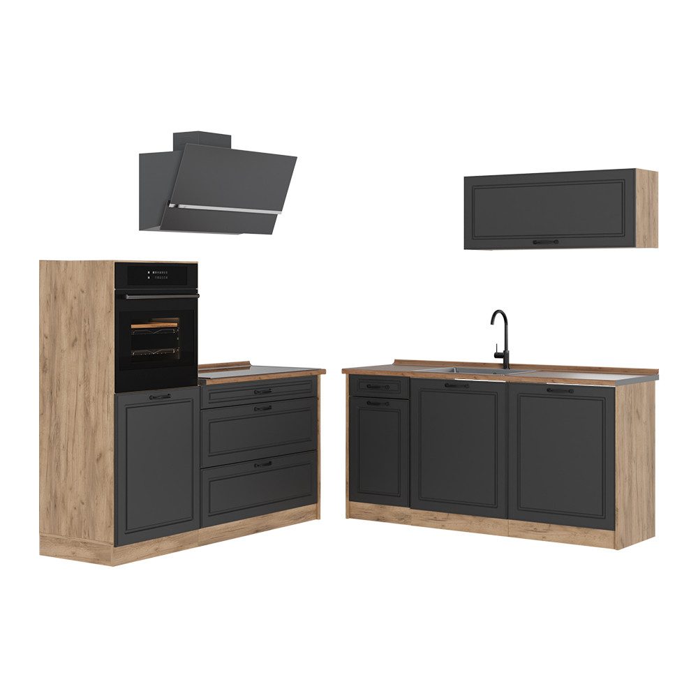 Vicco Küchenzeile R-Line, Anthrazit Landhaus/Goldkraft Eiche, 160 cm Arbeitsplatte Go...