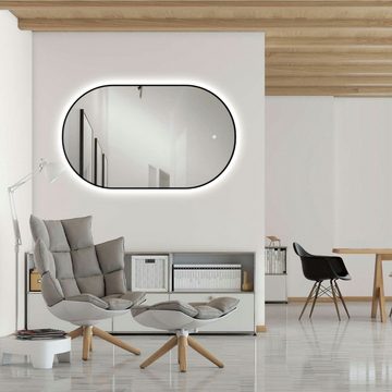 HOKO Badspiegel LED Design Wandspiegel Oval+Mattschwarz Rahmen+LED Wechsel (Warmweiß - Kaltweiß - Neutral. Licht mit Touch Schalter und mit Wandschalter einschaltbar. Memory-Funktion.IP44, 4mm HD Glass)