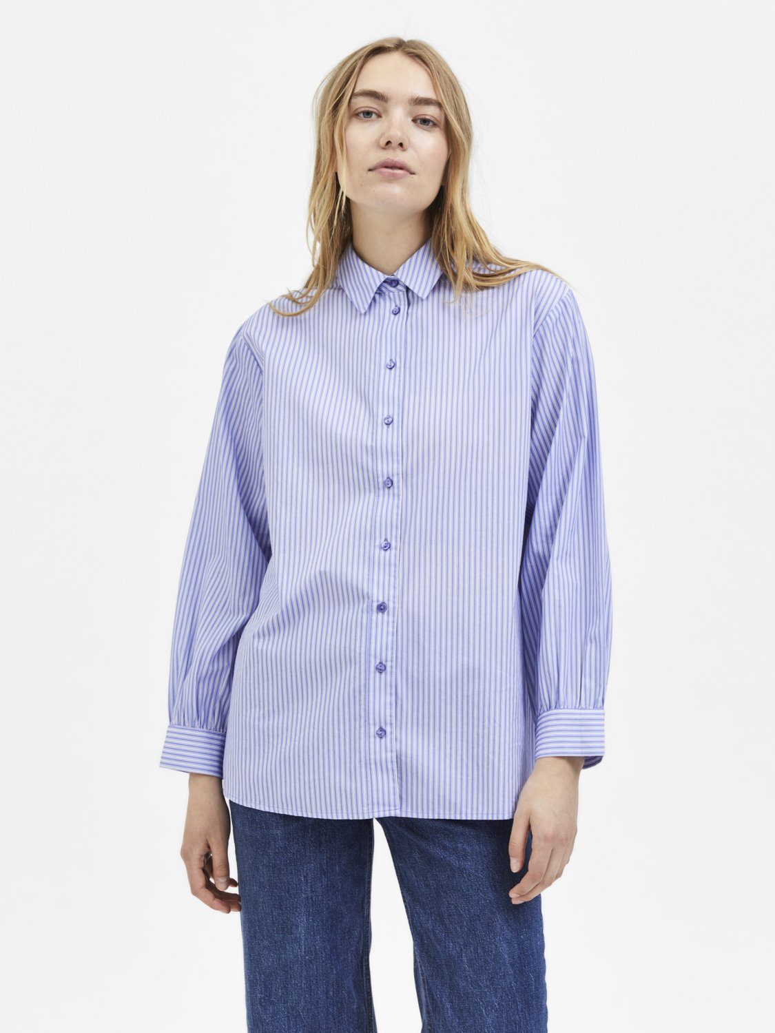 Baumwolle (1-tlg) in Blusenshirt Bluse Blau Hemd FEMME aus SLFREKA 4185 Langarm Basic SELECTED