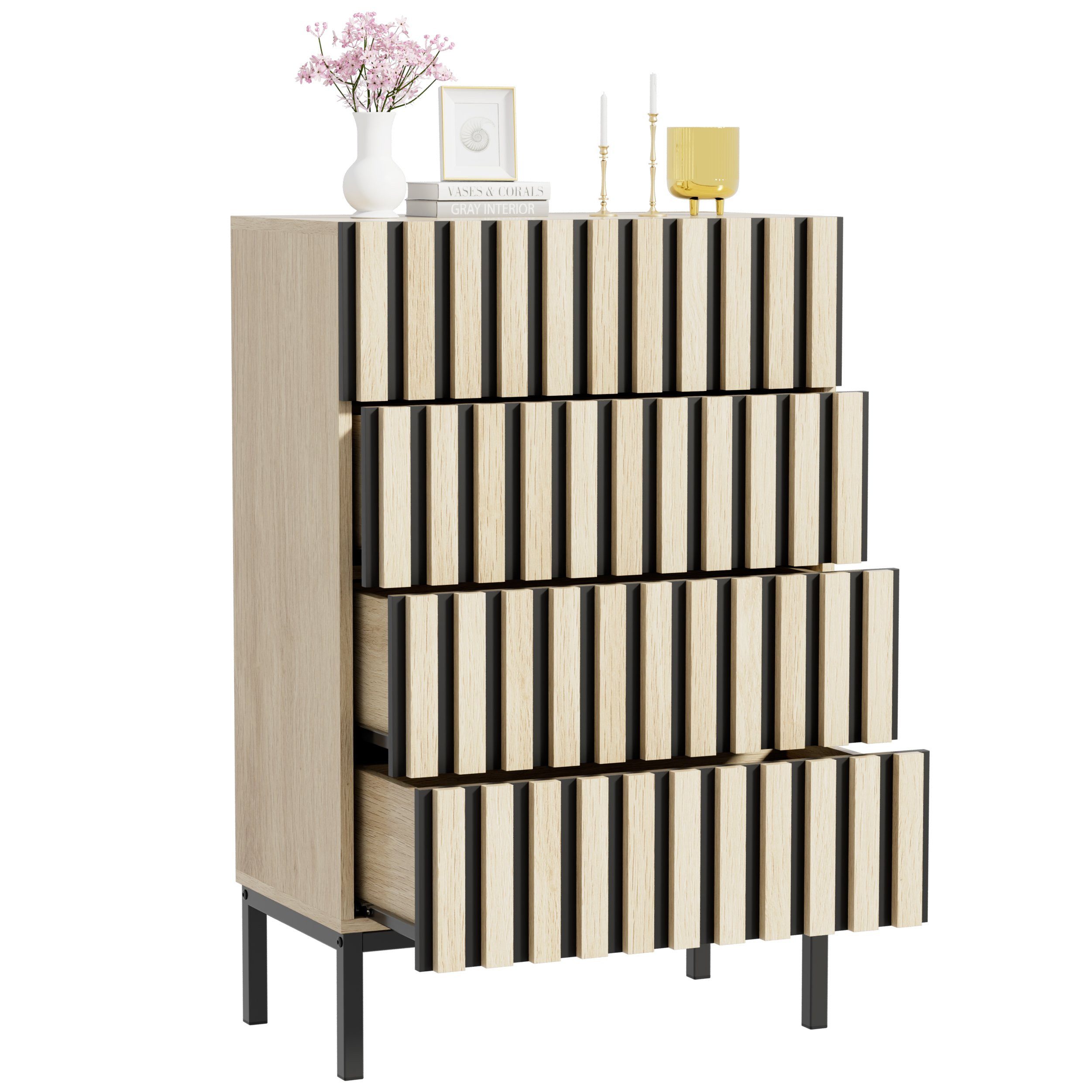 UEV Kommode schmal mit 4/5 Schublanden, Sideboard Beistellschrank Buffet (Aufbewahrungskommode, Mehrzweckschrank aus Holz(Natur/Schwarz/Dunkelbraun), Schrank für Wohnzimmer Schlafzimmer Flur