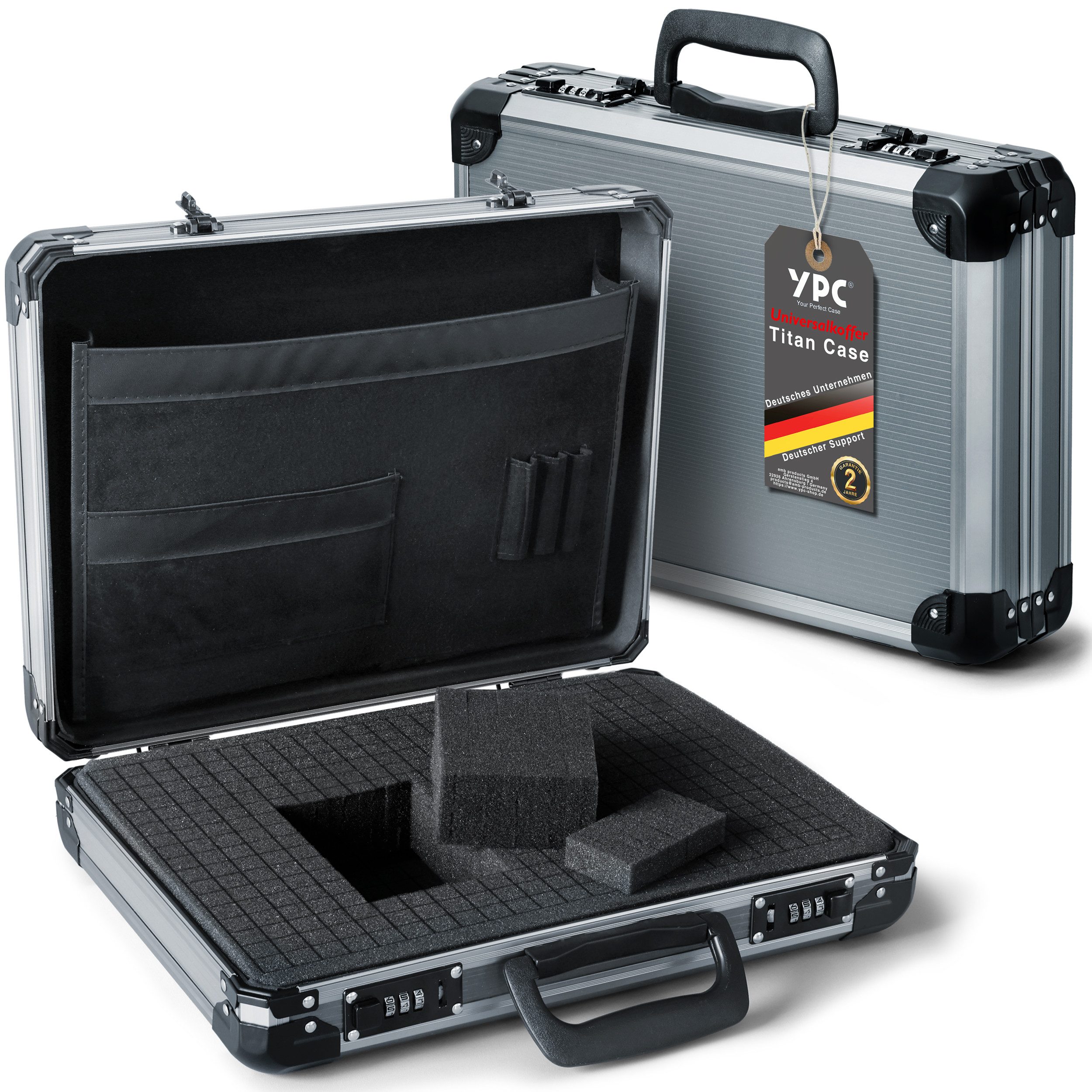 YPC Инструментkoffer TITANCASE ALUKOFFER MIT WÜRFELSCHAUM – M, XL UND XXL, Zahlenschloss, Würfelschaum, Aluminium, Titangrau Design