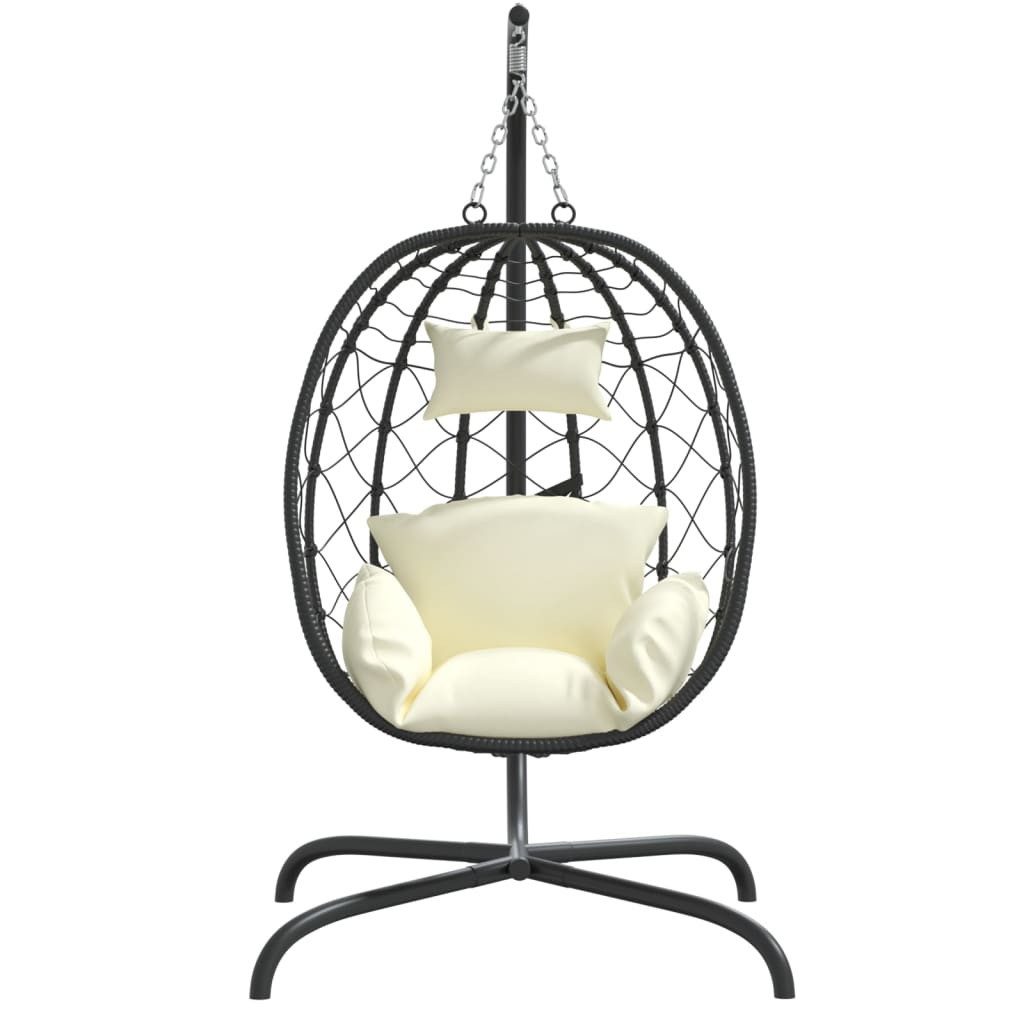 furnicato Hängestuhl Hängesessel Schwarz 106 x 103 x 195 cm mit Cremeweißem Kissen (1 St), Wetterfester Ei-Sessel mit stabilem Gestell und weichem Kopfkissen