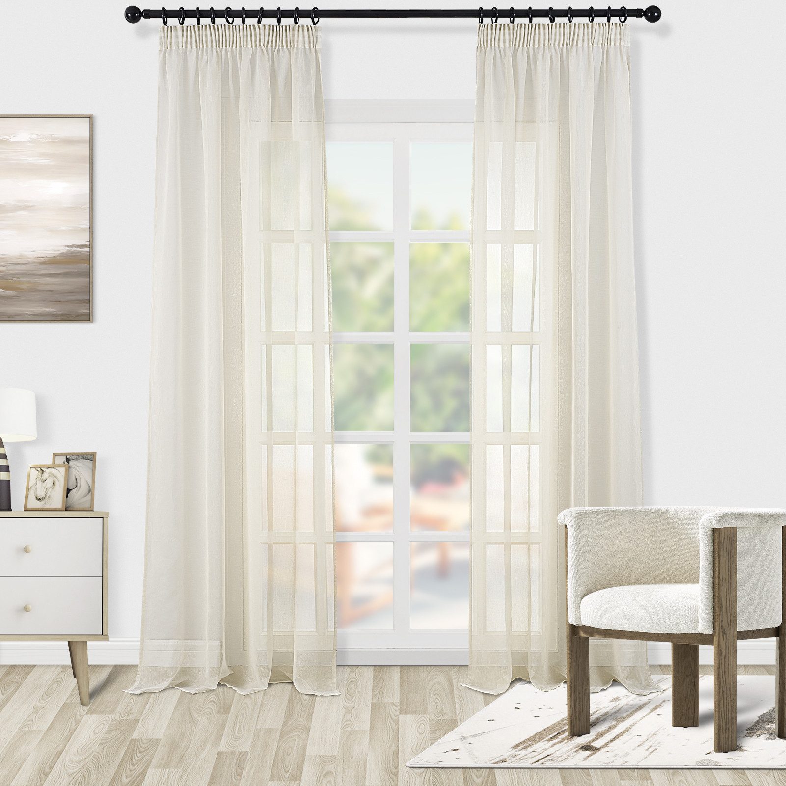 Topfinel Gardine Leinenoptik Weiß-2er Set mit Kräuselband, halbtransparent&pflegeleicht, Ideal für Wohnzimmer & Schlafzimmer – lichtdurchlässig & waschbar