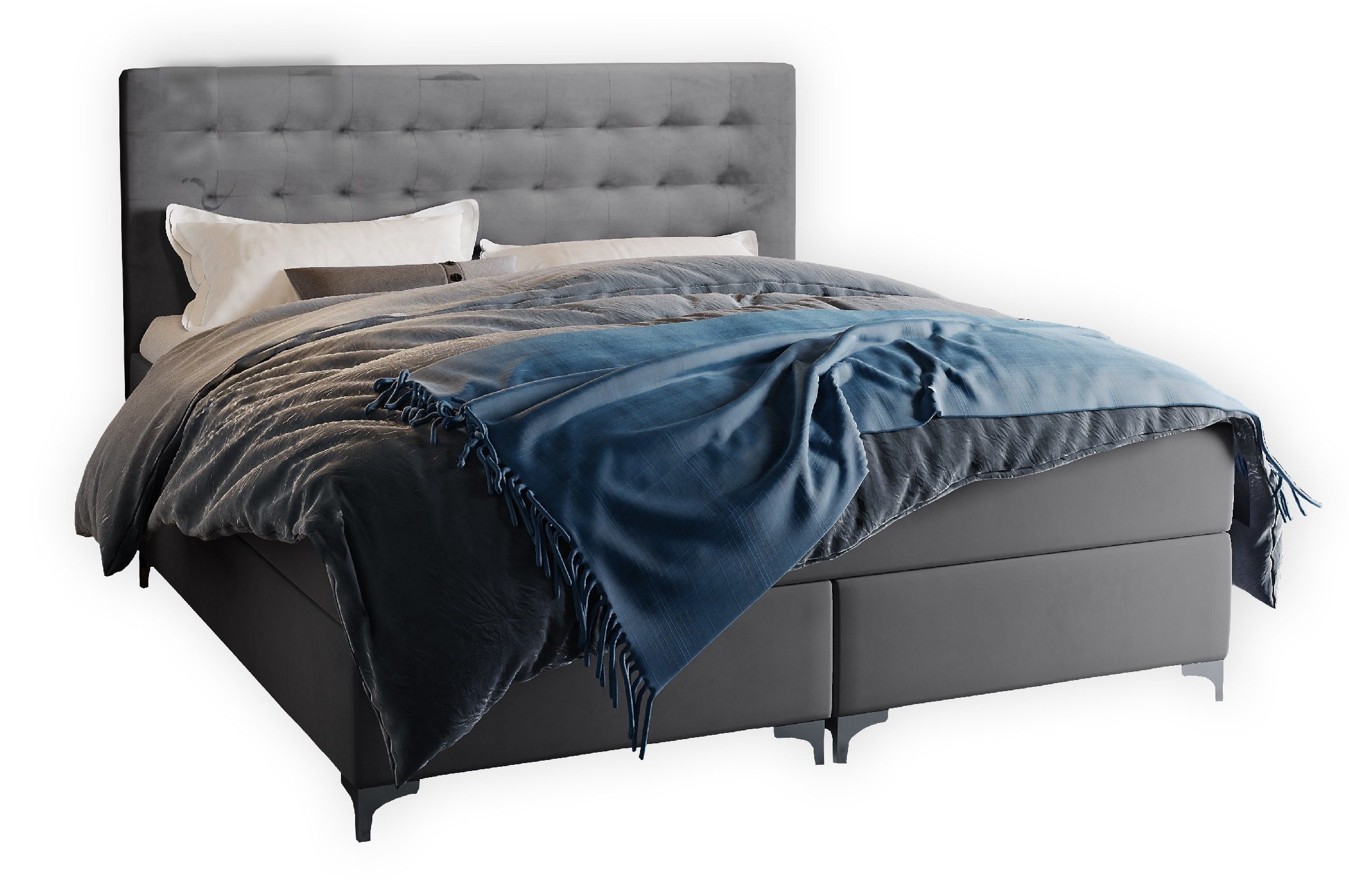 JVmoebel Boxspringbett Elegantes Polsterbett in Grau mit hochwertigem Velvet-Stoff (1-St)