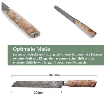 ZAYIKO Brotmesser Kinone Damast Brotmesser mit Wellenschliff Wurzelholzgriff Birke, dunkler Damaststahl