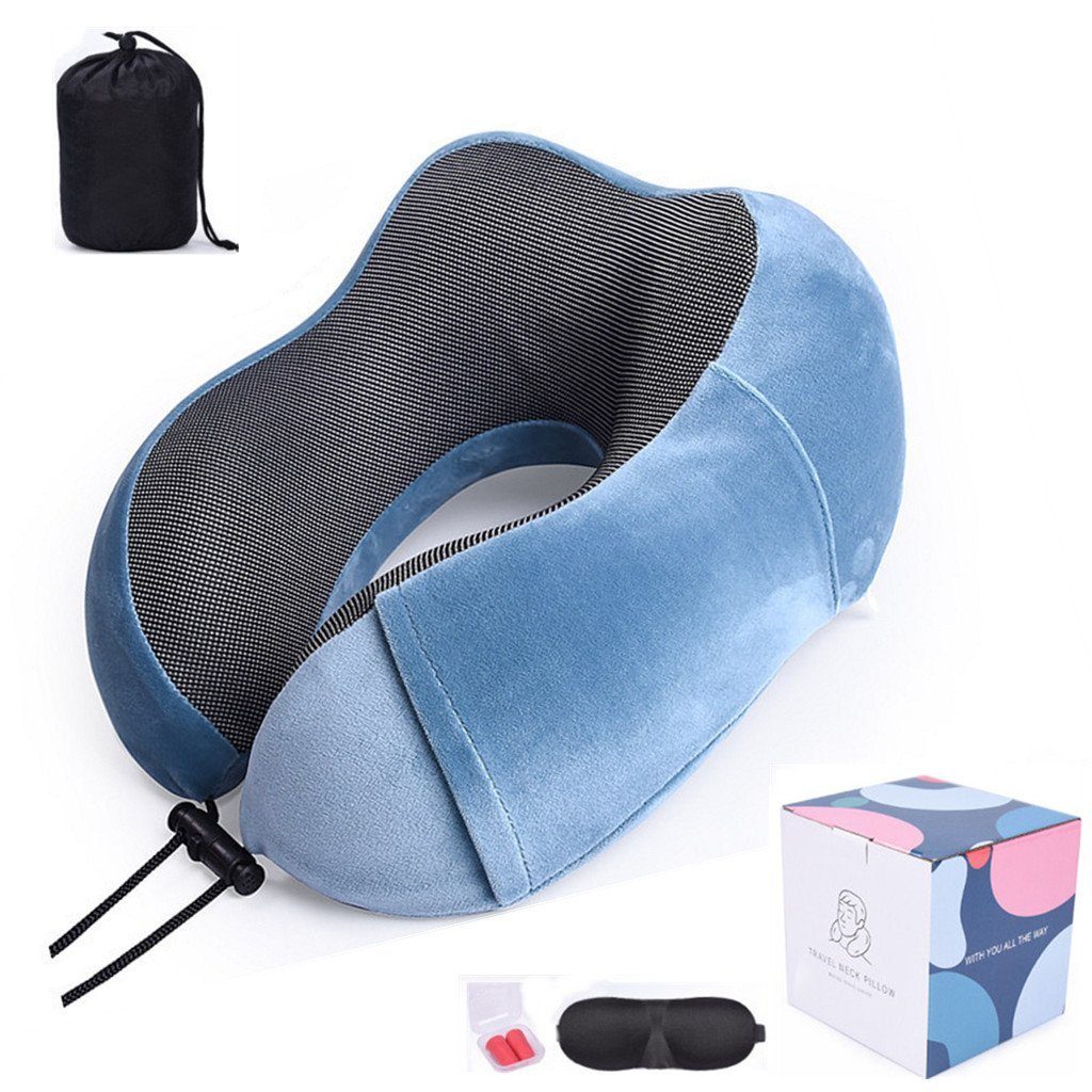 Nackenstützkissen,maschinenwaschbares hochwertiges Nackenkissen hellblau Camping, Nackenpolster XDeer Schlafmaske,Ohrstöpsel,Tasche,weicher mit geformtes Nackenkissen Memory-Schaum, ideal ergonomisch und für Reisen,Flugzeug,Büro Reisekissen