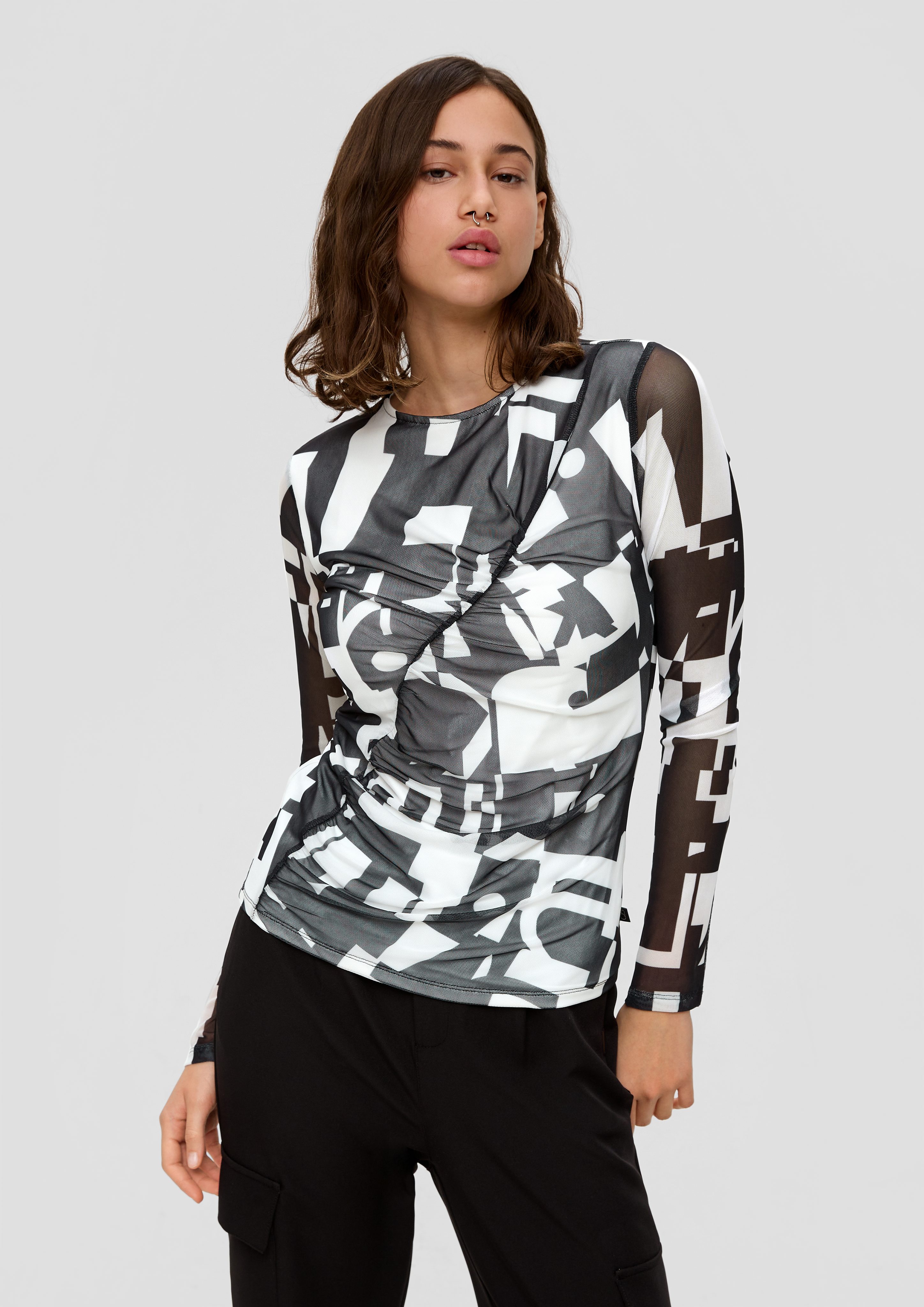 QS Langarmshirt Mesh-Shirt mit All-over-Print Raffung