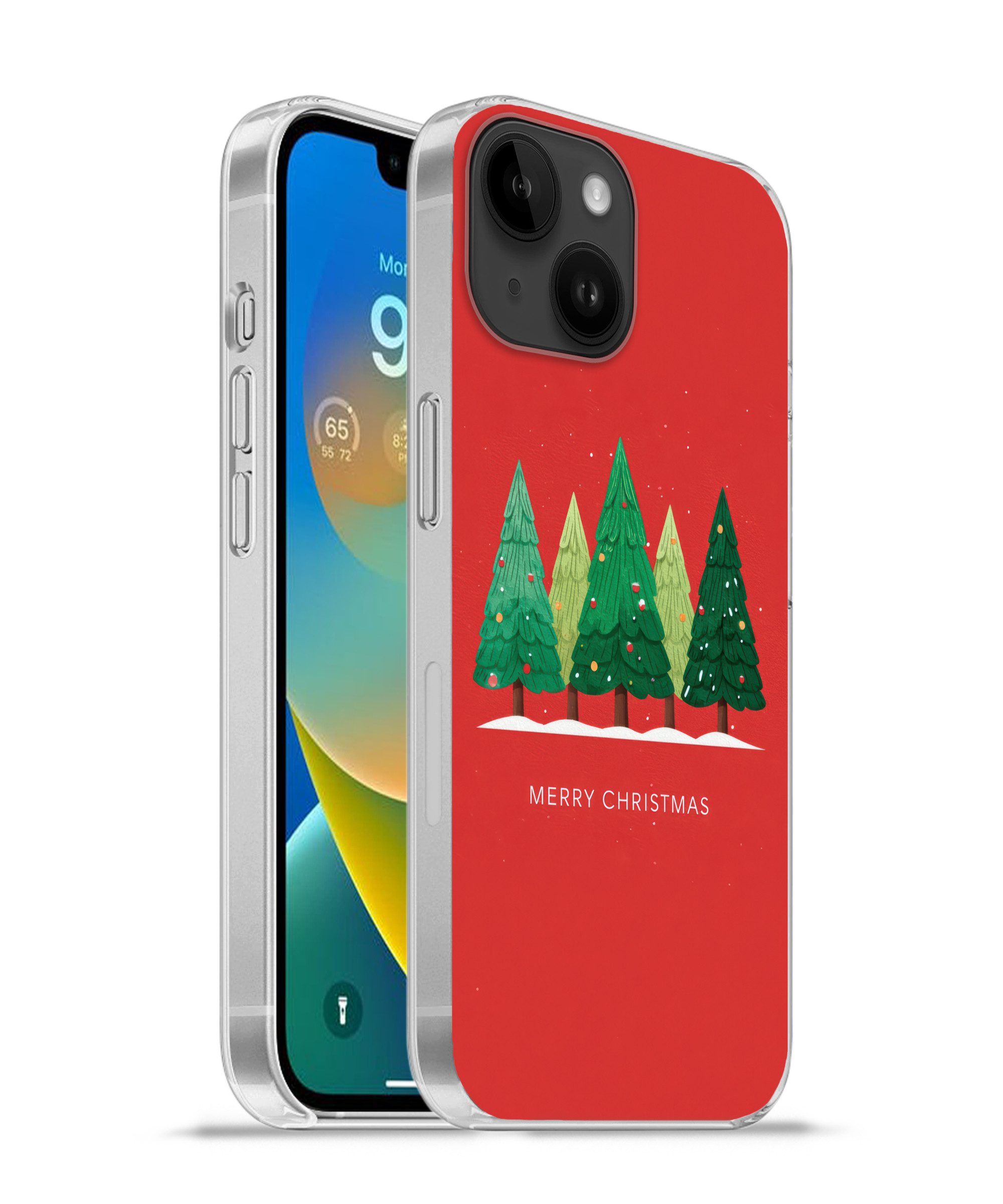 MuchoWow Handyhülle für Apple iPhone 14 Minimalistisch - Weihnachtsbäume - Rot - Schnee, Smartphone-Bumper, Print, Handy Schutzhülle Dünn