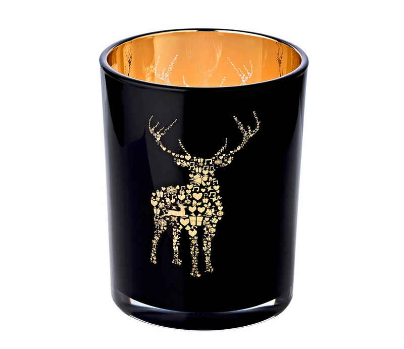 EDZARD Windlicht Fancy, Kerzenglas-Set für Teelichter mit Hirsch-Motiv in Gold-Optik, Kerzenhalter für Teelicht und Maxi-Teelicht, Höhe 13 cm, Ø 10 cm