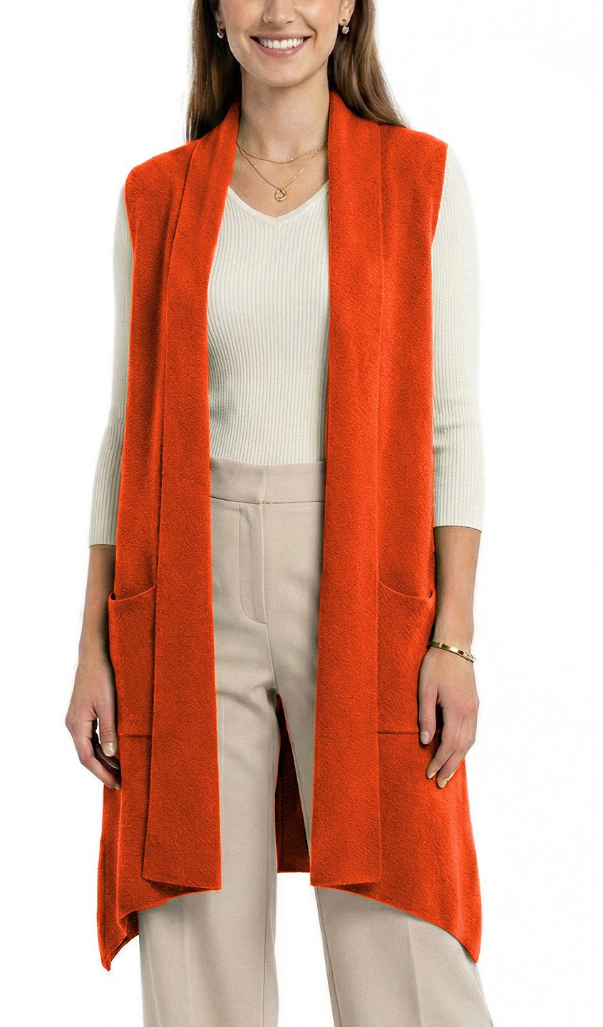 dy_mode Longweste Damen Strickweste lang Elegante Weste für die Übergangszeit in Unifarbe, ohne Verschluss, mit Vordertaschen