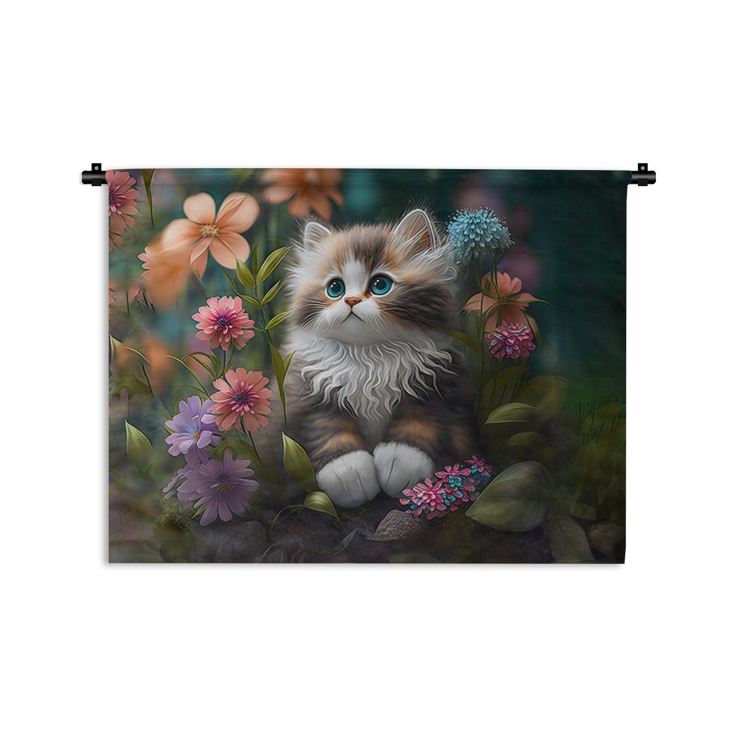 MuchoWow Wanddekoobjekt Kätzchen - Illustration - Blumen - Natur - Katze, Wanddeko für Wohnzimmer, Schlafzimmer, Kleid, Wandbehang, Kinderzimmer