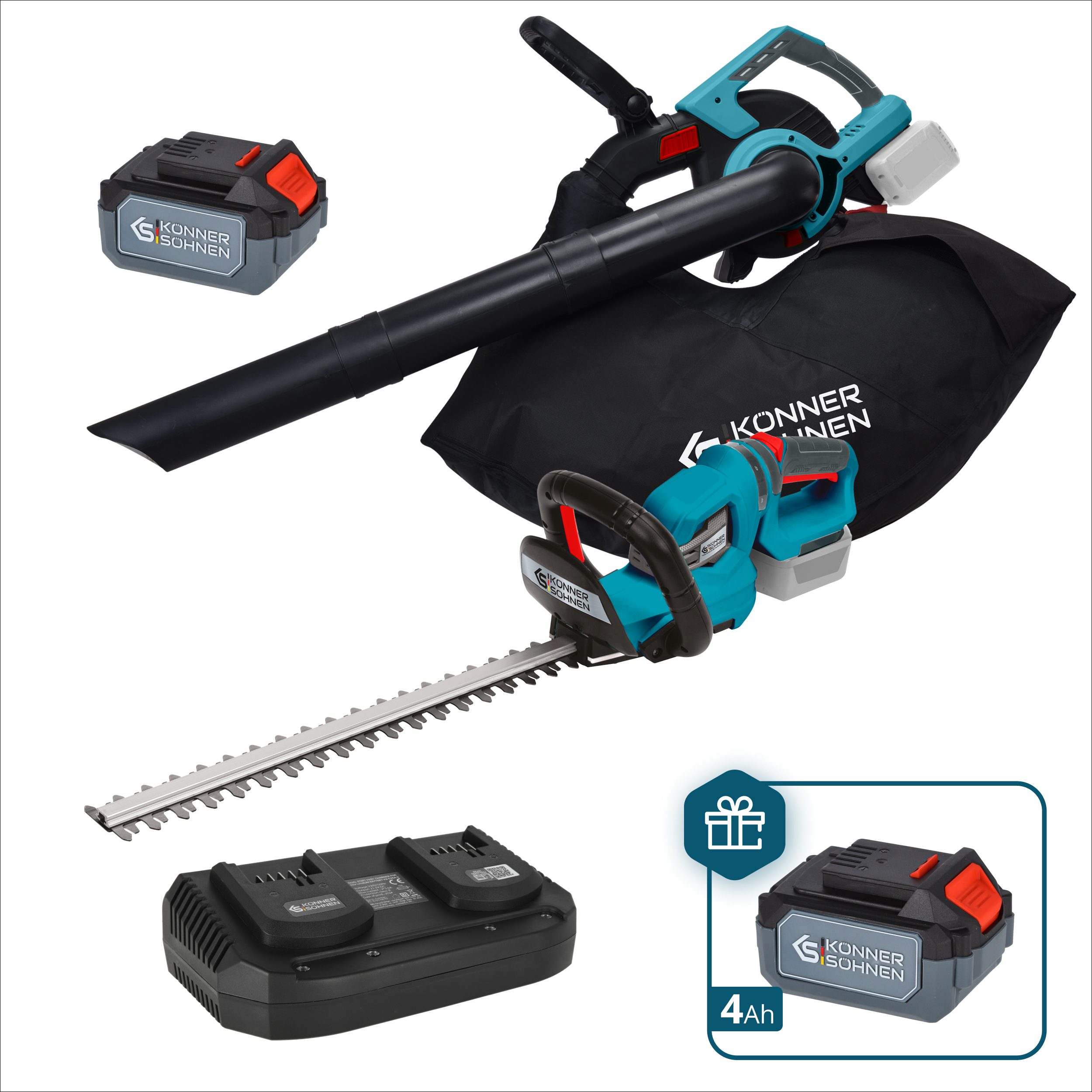 Könner & Söhnen Akku-Handstaubsauger KS LBV-HT-SET, 3-in-1 Bläser-Sauger-Mulcher, 180° Drehgriff Heckenschere