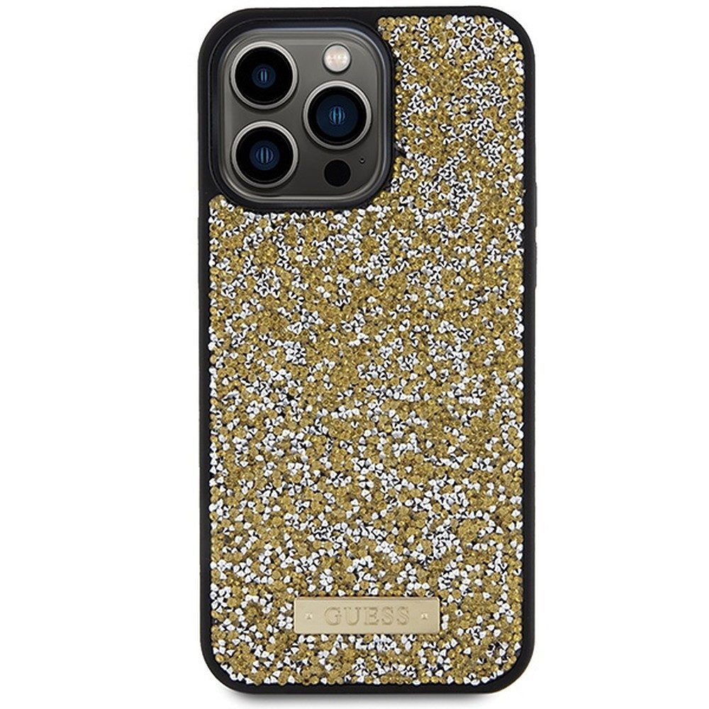 Guess Handyhülle Schutzhülle Glitzerhülle Rückschale 6,1 Zoll, Strasssteine, Metall-Logo, TPU/PC, Tastenschutz