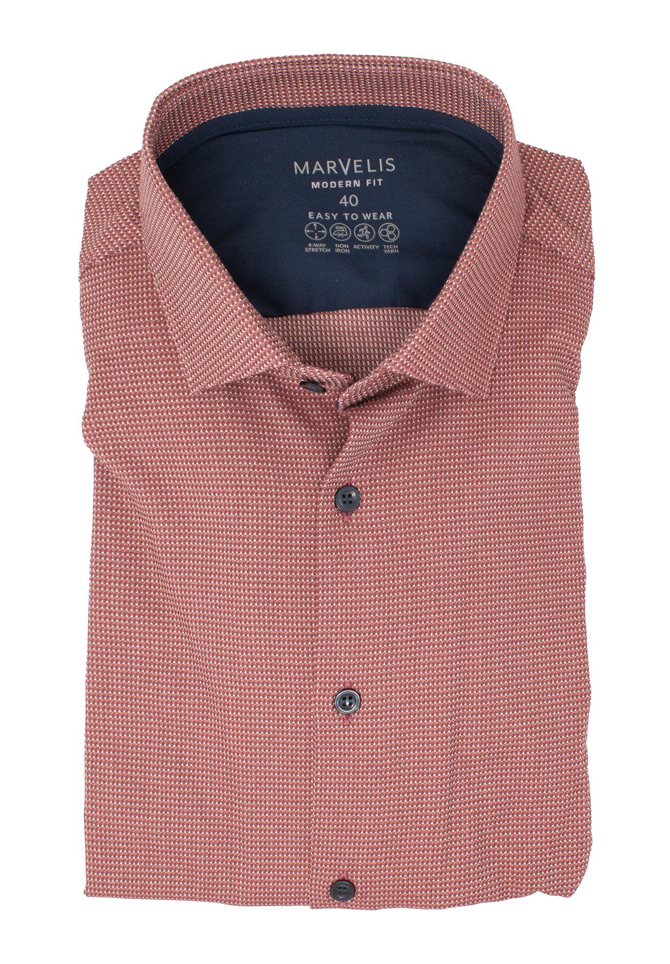 MARVELIS Businesshemd Easy To Wear Hemd - Modern Fit - Langarm - Struktur - Rot 4-Wege-Stretch