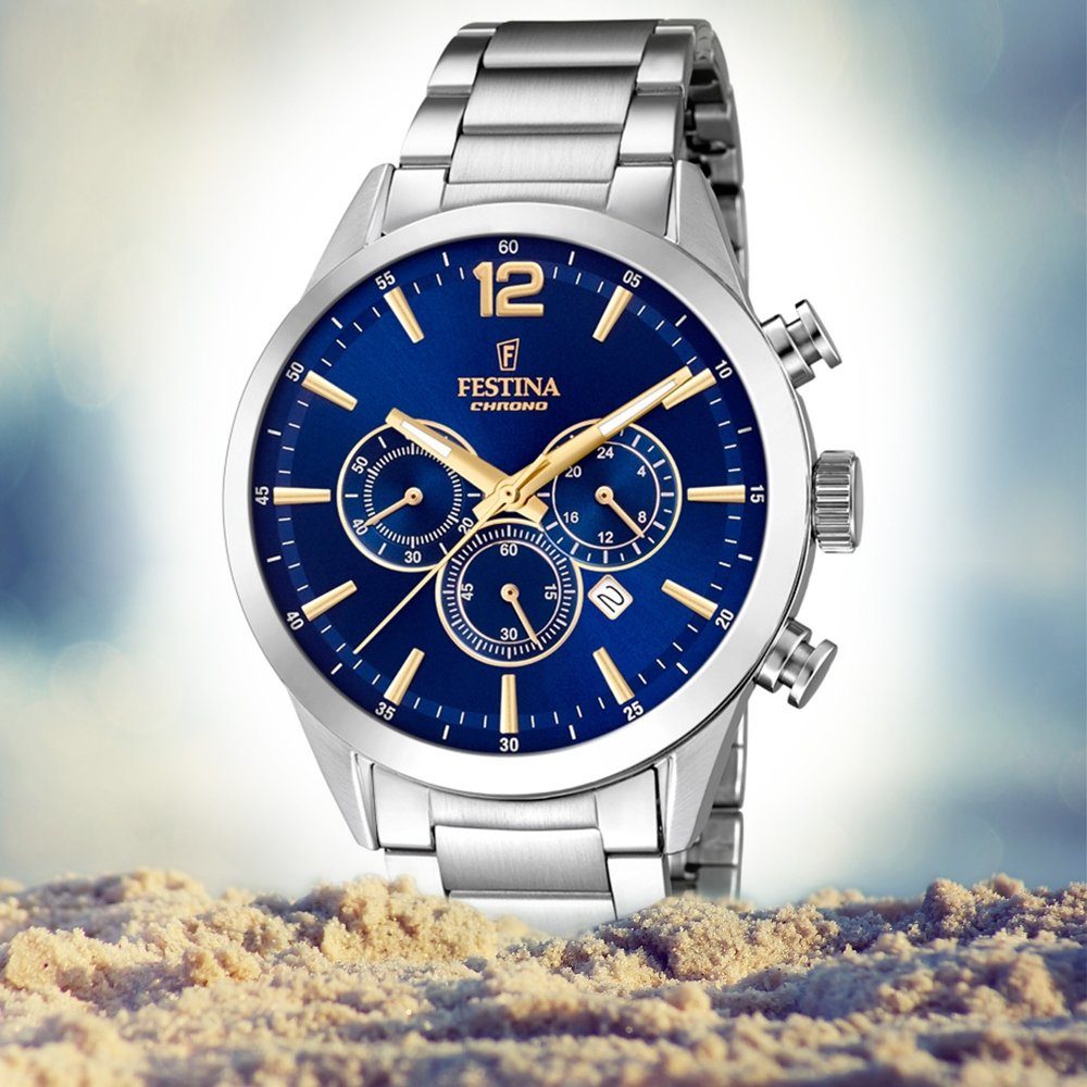 Festina Quarzuhr Festina Herren Uhr F20343/2 Edelstahl, (Chronograph), Herren Armbanduhr rund, Edelstahlarmband silber