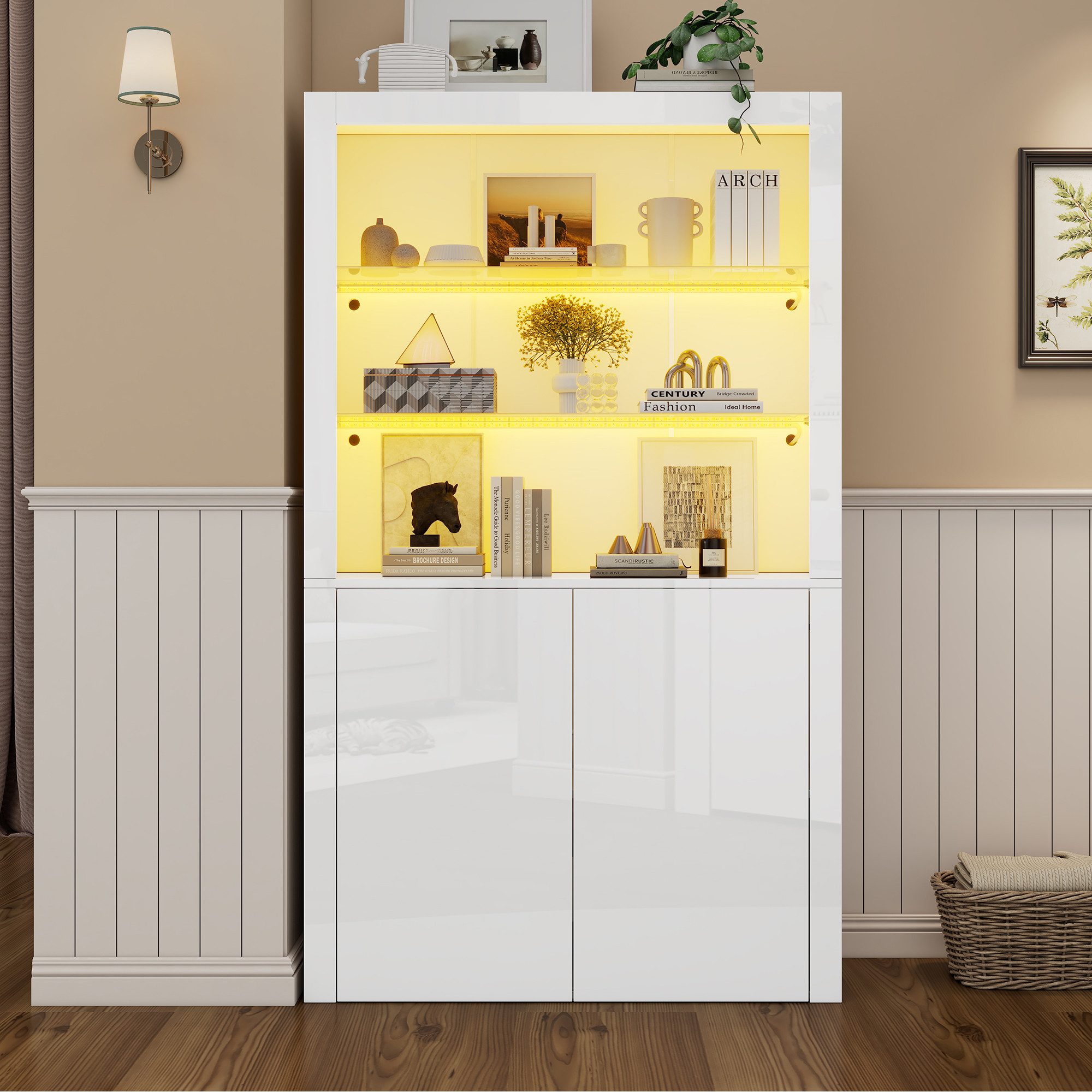 BlingBin Vitrine Hochglanz-Aufbewahrungsschrank, Vitrinenschränke mit LED-Leuchten (Sofa-Sideboard mit 2 Türen und 3 Offene Fächer, Displayschicht aus gehärtetem Glas, 1-St., Gesamtgröße: 100*35*170cm, Produktladung: 80KG) Vertikaler Hochschrank für Wohnzimmer Esszimmer, MDF, Weiß