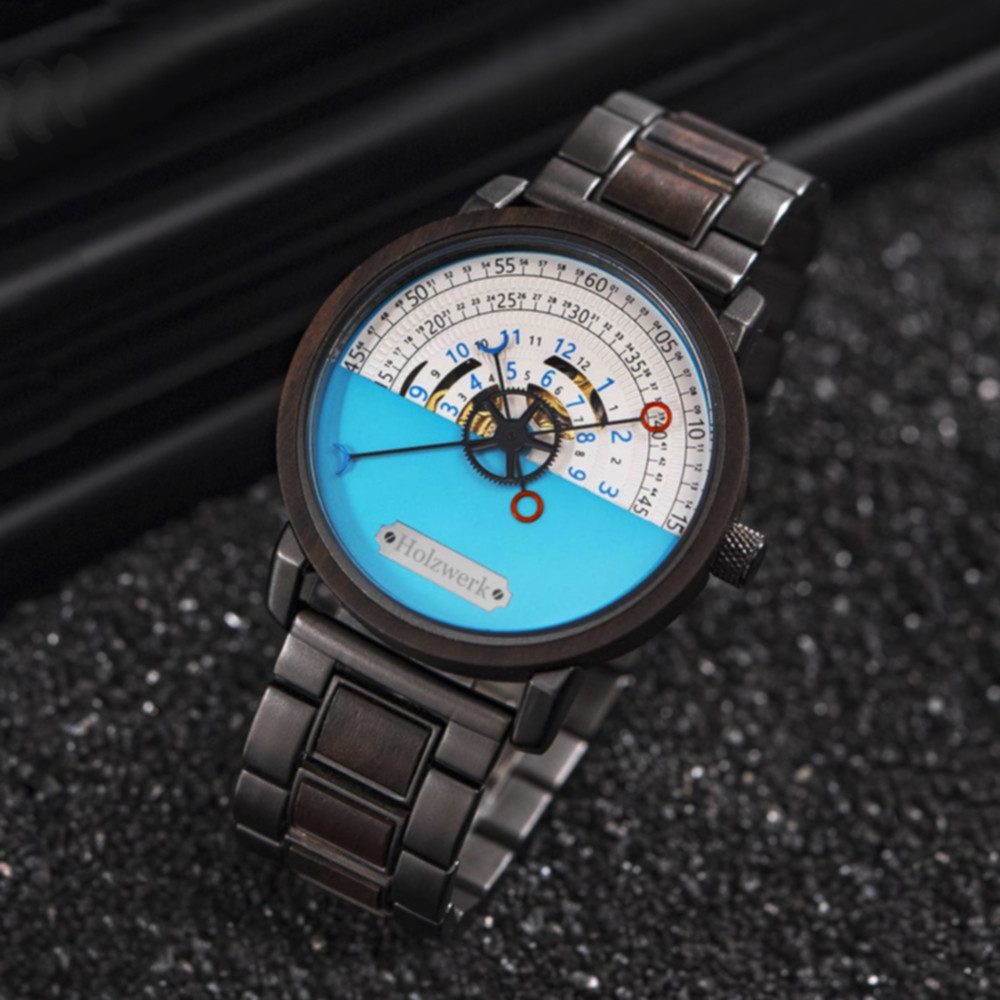 Holzwerk Automatikuhr Moderne Edelstahl & Holz Armbanduhr, (inklusive Armbandkürzer), Holz Unikate, ideal auch als Geschenk, Automatik, offene Unruhe