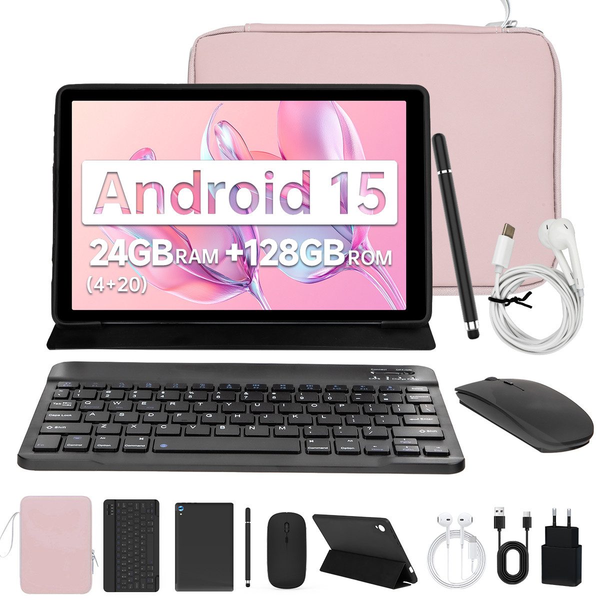 BUFO 10.1 Zoll Android 15, 24(4+20)GB+128GB, 1280x800 HD, incl. Hülle Set Tablet (10", 128 GB, Android, Octa core mit Tastatur, Stift, Maus, Hülle, Kopfhörer, WiFi 6 BT 5)