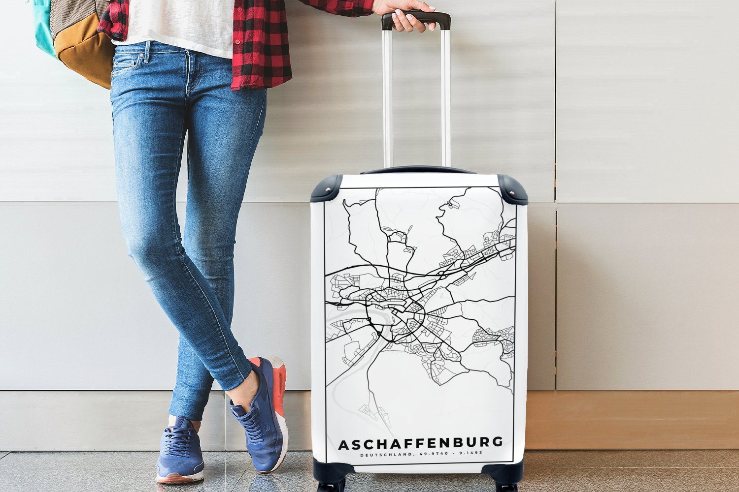 MuchoWow Handgepäck 4 Reisekoffer Afschaffenburg - mit Reisetasche für Handgepäckkoffer - Karte, Stadtplan rollen, Rollen, Trolley, Ferien,