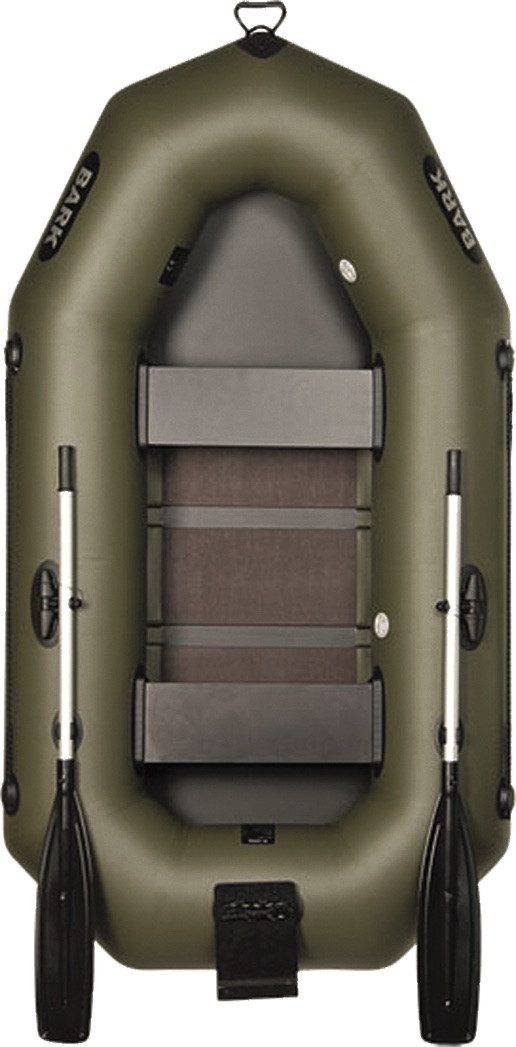 BARK Boote Schlauchboot (2,1m - 3m) für 1-3 Personen mit Heckspiegel für Elektromotor, (Komplettset mit Alu-Paddel, Packtasche, Fußpumpe und Reparaturset), mit Heckspiegel für Elektro-Außenborder