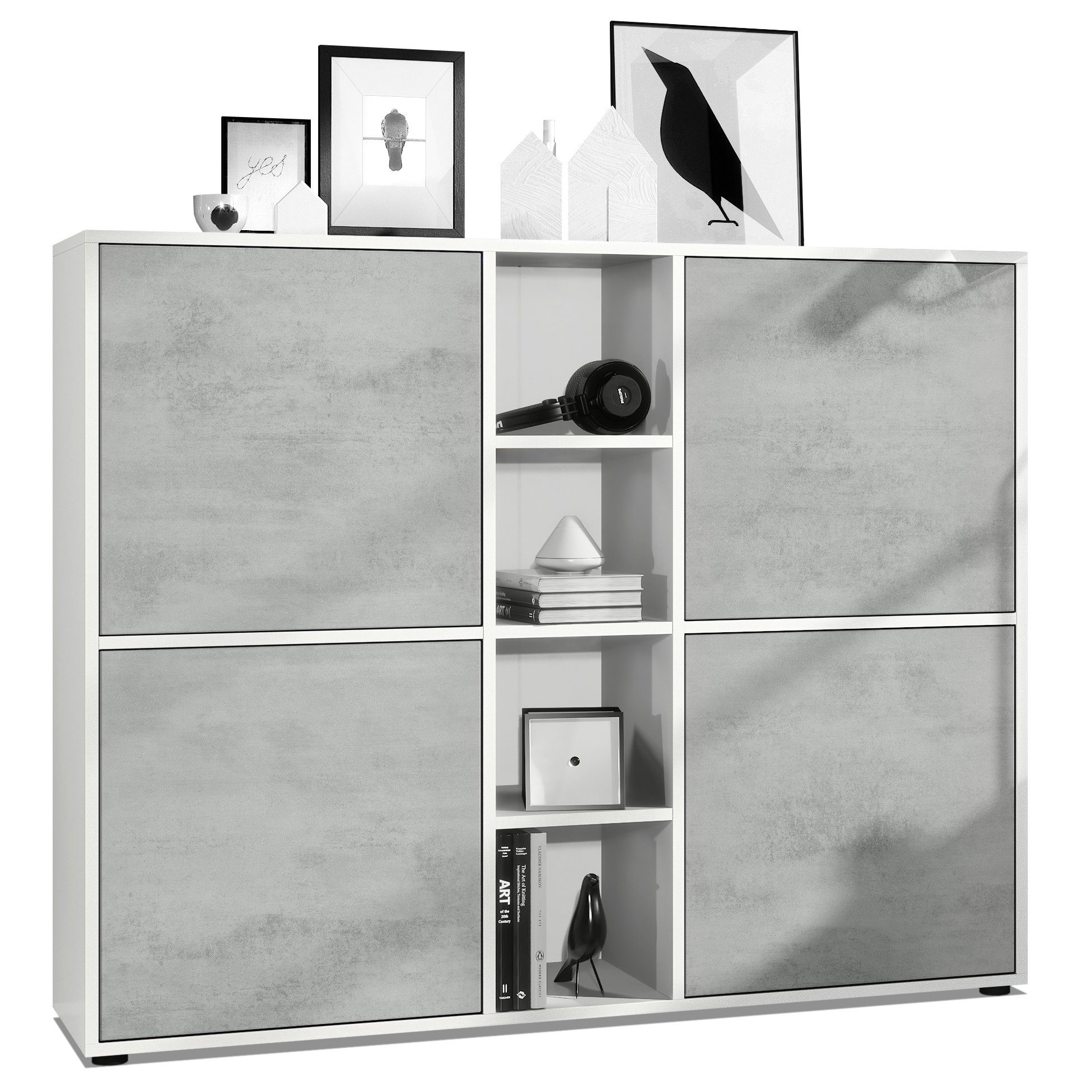 Vladon Highboard Cuba V3 (Highboard, Schrank Anrichte Cuba V3 mit 12 Fächern), Korpus in Weiß matt / in Beton Oxid Optik (130,5x105,5x35,5 cm)