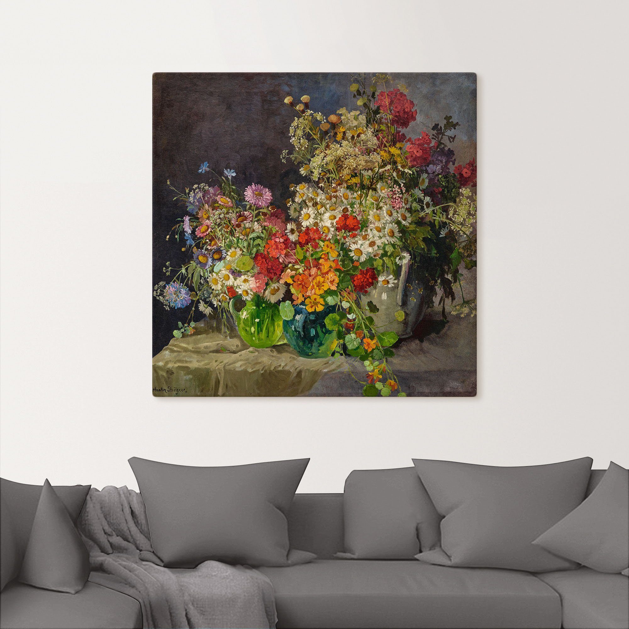 Artland Leinwandbild Stillleben mit Wiesenblumen in Krügen., Arrangements (1 St), auf Holzrahmen gespannt