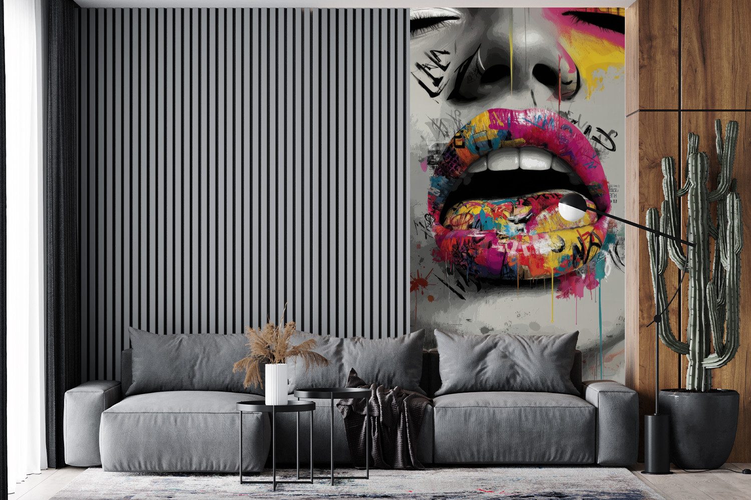 MuchoWow Fototapete Lippen - Graffiti - Ausdrucksstark, Matt, bedruckt, Vliestapete für Wohnzimmer Schlafzimmer Küche, Fototapete, 120x240 cm – Bild 4 von 5
