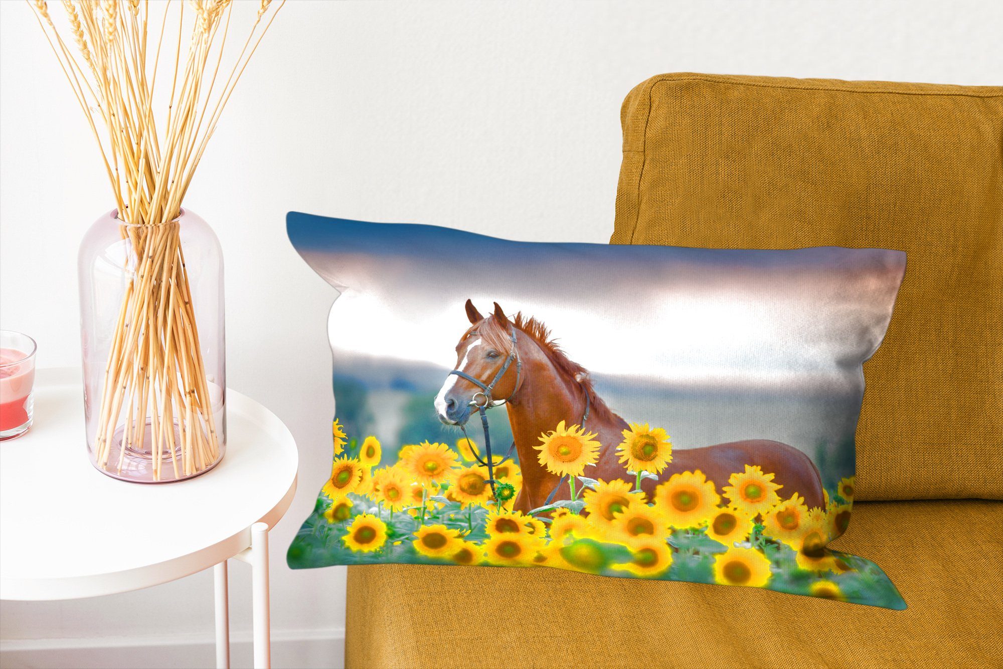 MuchoWow Dekokissen Pferd - Sonnenblume Schlafzimmer - Füllung, Dekoration, mit Wohzimmer Himmel - Pastell, Zierkissen, Dekokissen