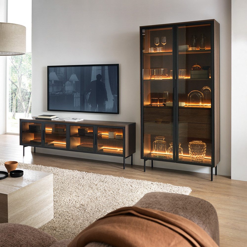 Lomadox Wohnzimmer-Set LEXINGTON-167, (Mega-Spar-Set, 2-St., Vitrine Lowboard inkl. LED-Beleuchtung), Eiche Nb. mit schwarz, viel Strauraum, LED-Beleuchtung