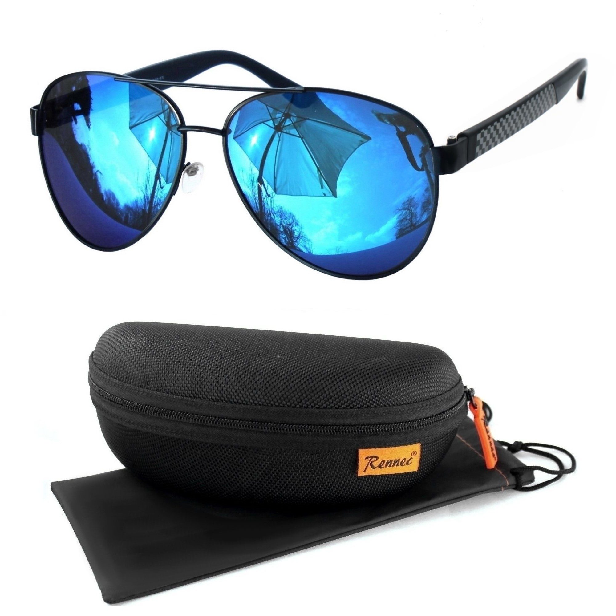 Rennec Sonnenbrille (Pilotenbrille Polarisiert Groß mit Blau Verspiegelten Gläsern, Piloten Sonnenbrille für Damen Herren mit Hardcase) Verspiegelt UV400 Polarisierte Linsen breite Motorsport Brillenbügel