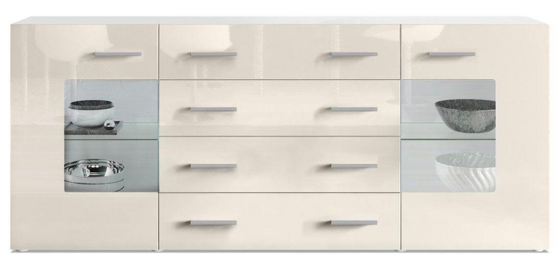 Vladon Sideboard »Grömitz«, Kommode mit 2 Türen, 4 Schubladen und 2  flexible Glaseinlegeböden, Weiß matt/Creme Hochglanz (166 x 72 x 35)