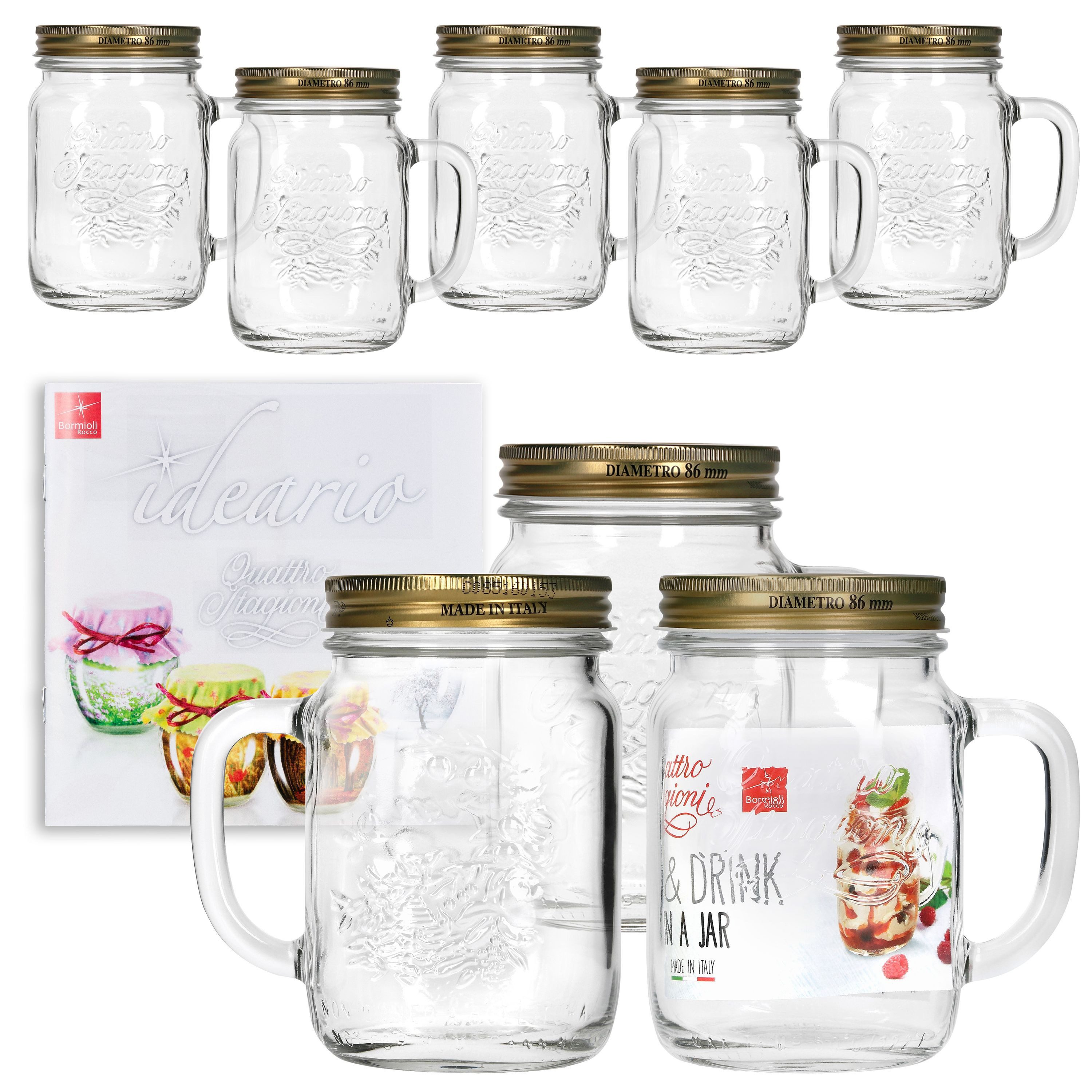 Bormioli Rocco Glas 8x Quattro Stagioni Henkel-Gläser 0,75L + Rezeptheft Cocktail-Glas, Glas