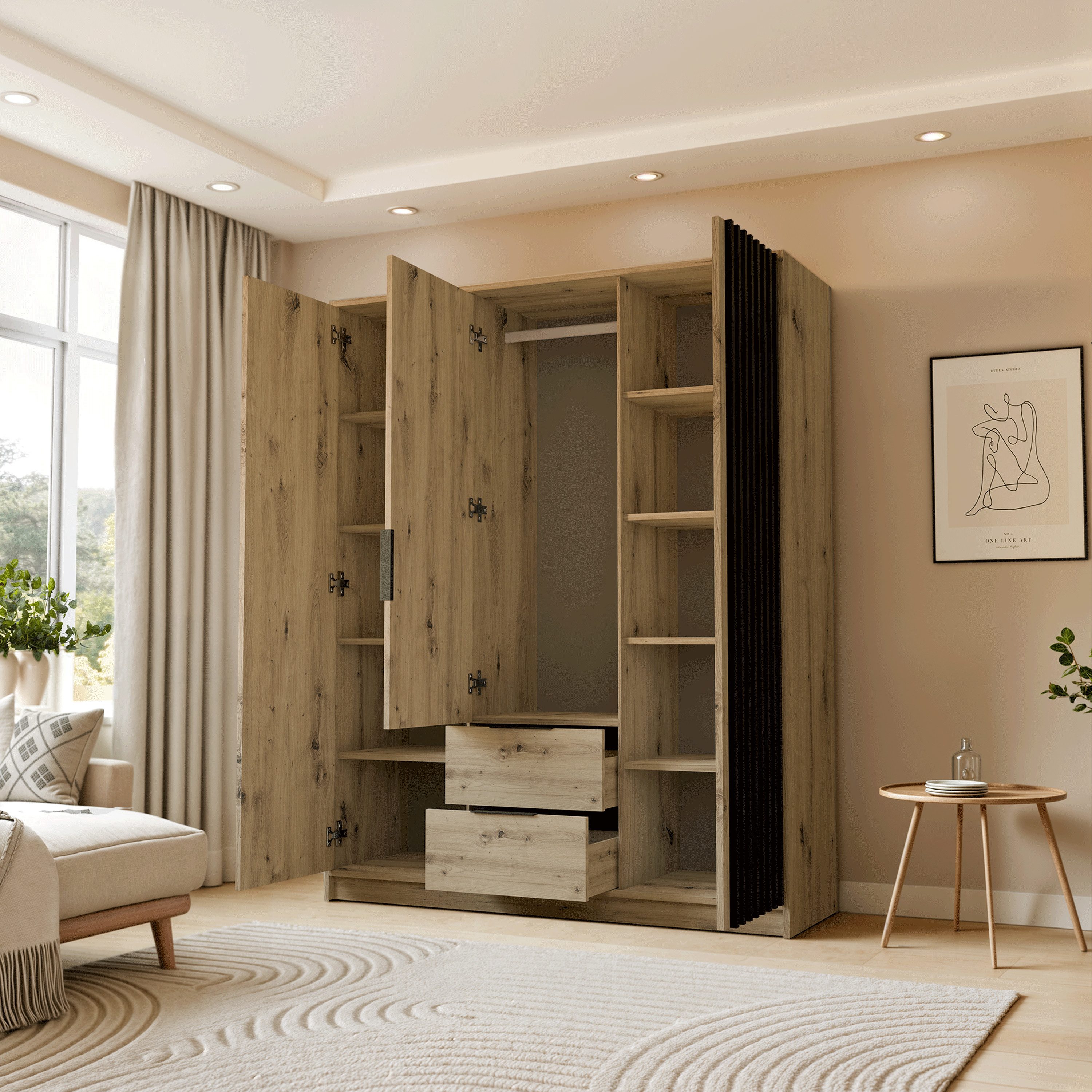 Lookway Kleiderschrank NELA 3D 155 cm Drehtürenschrank mit Lamellen Breite: 155 cm