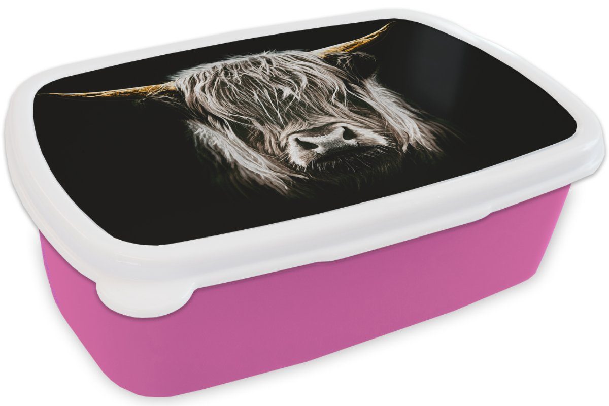 Hörner rosa Schwarz (2-tlg), Schottischer und Brotbox - Brotdose - Erwachsene, Kuh Kunststoff Kunststoff, weiß MuchoWow Lunchbox Highlander für - -, Mädchen, - Gold Snackbox, Kinder,