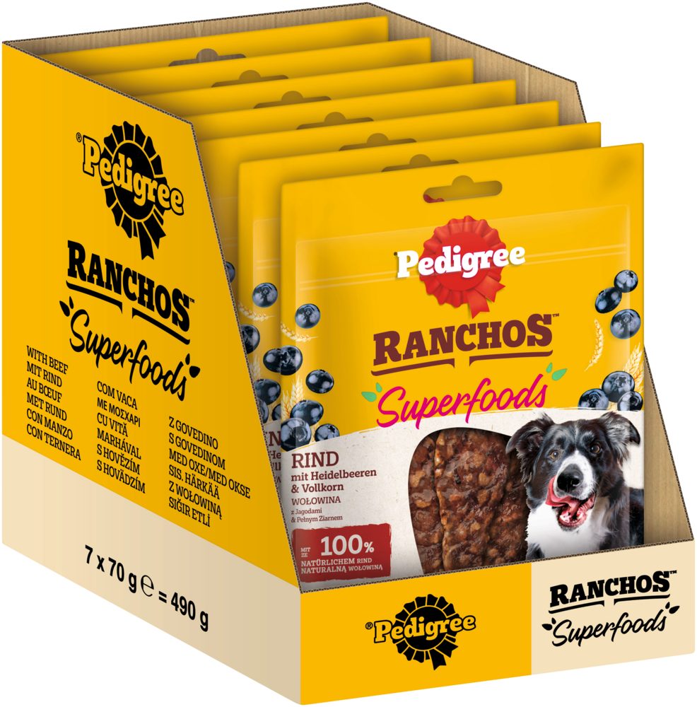 Pedigree PEDIGREE® RANCHOS™ Superfoods Rind 7 x 70g, Snack für: Hunde