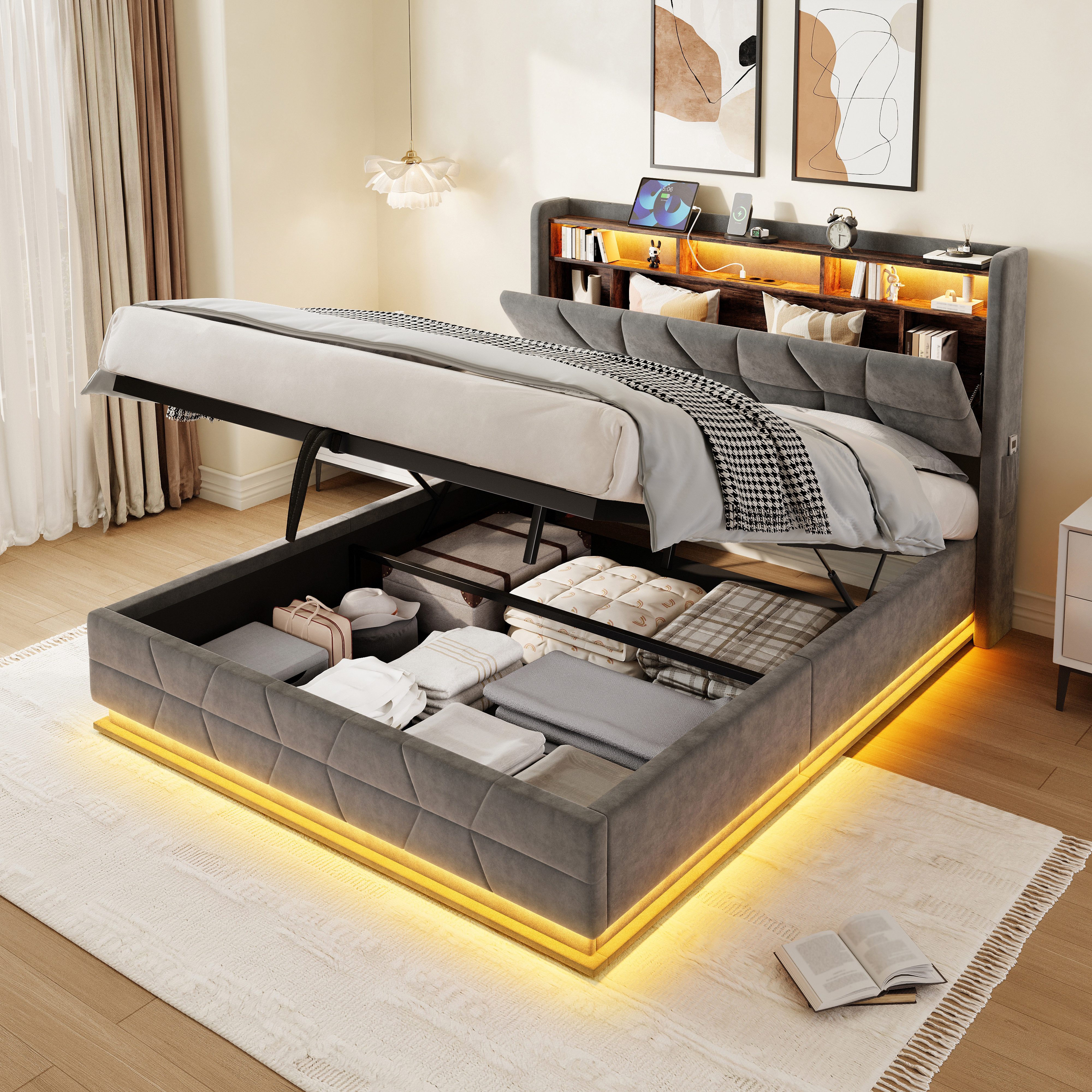 REDOM Polsterbett mit Stauraum und LED-Beleuchtung (Offene Regale und USB/Type-C-Ladestation, Stauraumbett Funktionsbett, 140x200 cm), Inklusive Matratze