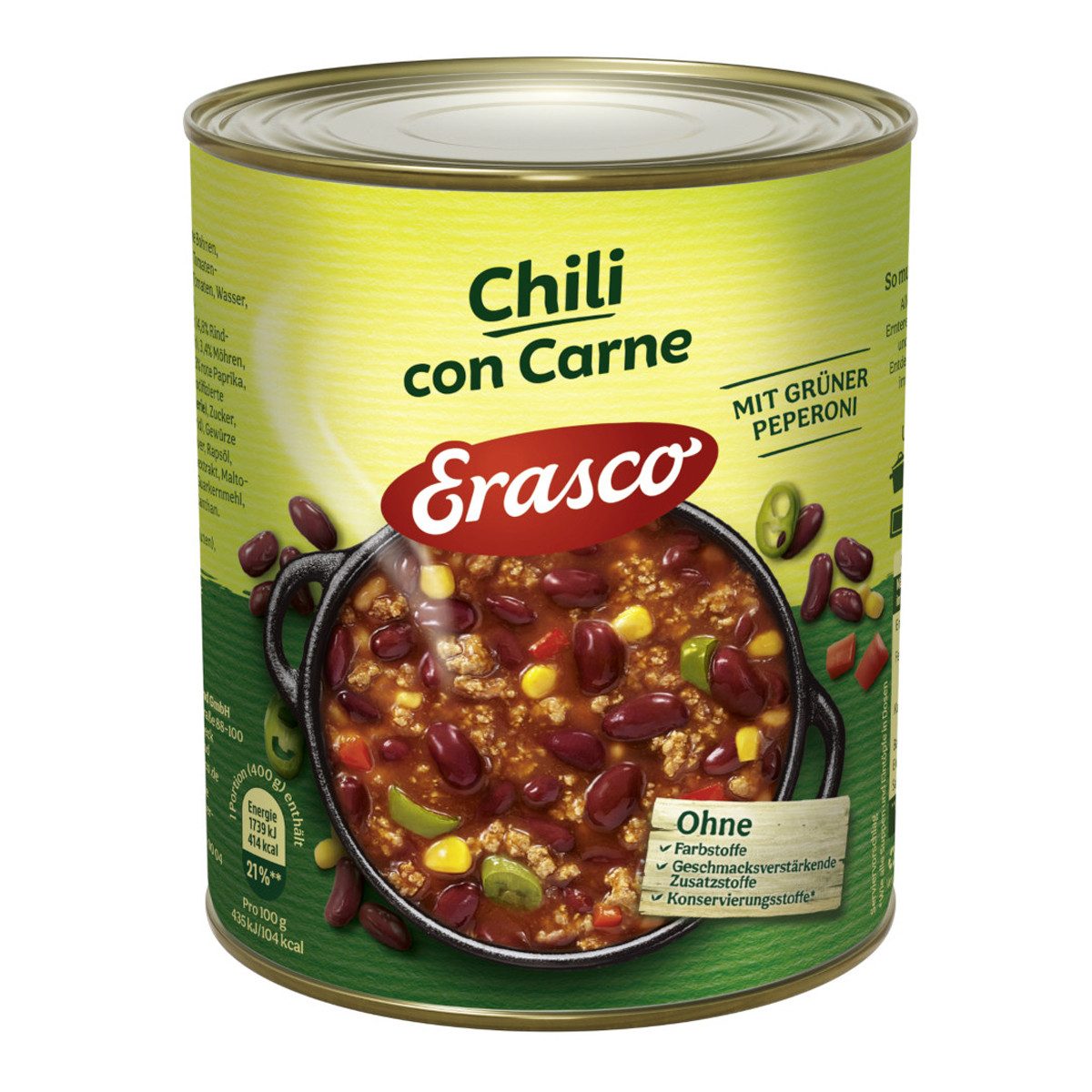 ERASCO Fertiggericht, Erasco Chili con Carne mit grüner Peperoni herzhafter Geschmack 800g
