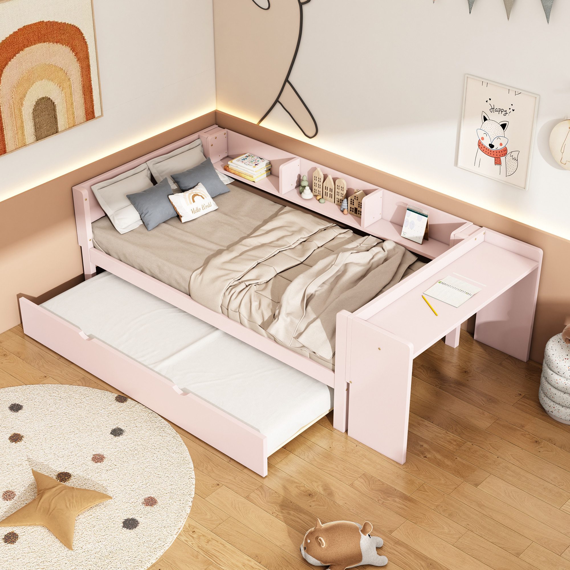OKWISH Kinderbett Hausbett, mit ausziehbarem Bett, mit Schreibtisch (drei Regale an der Seite des Bettes 90*200cm), ohne Matratze