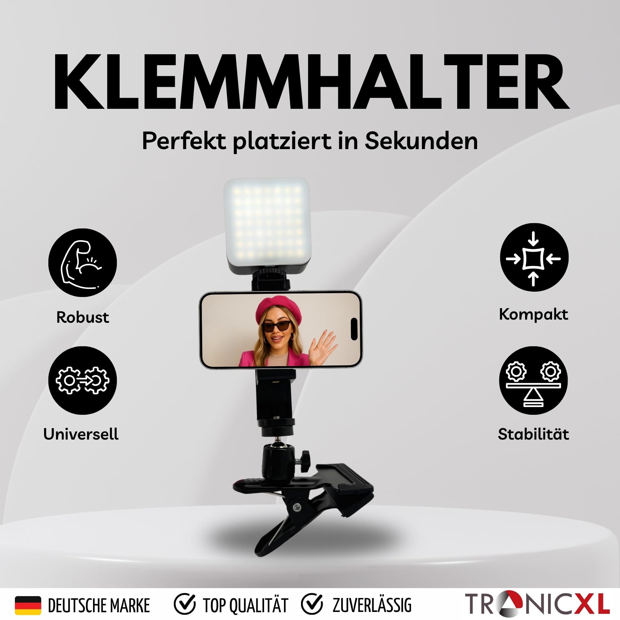 TronicXL Smartphone Halterung Tisch drehbar LED Lampe Videoleuchte Klemmstativ Klemmstativ (für Influencer TIkTok Twitch Stream Kit)