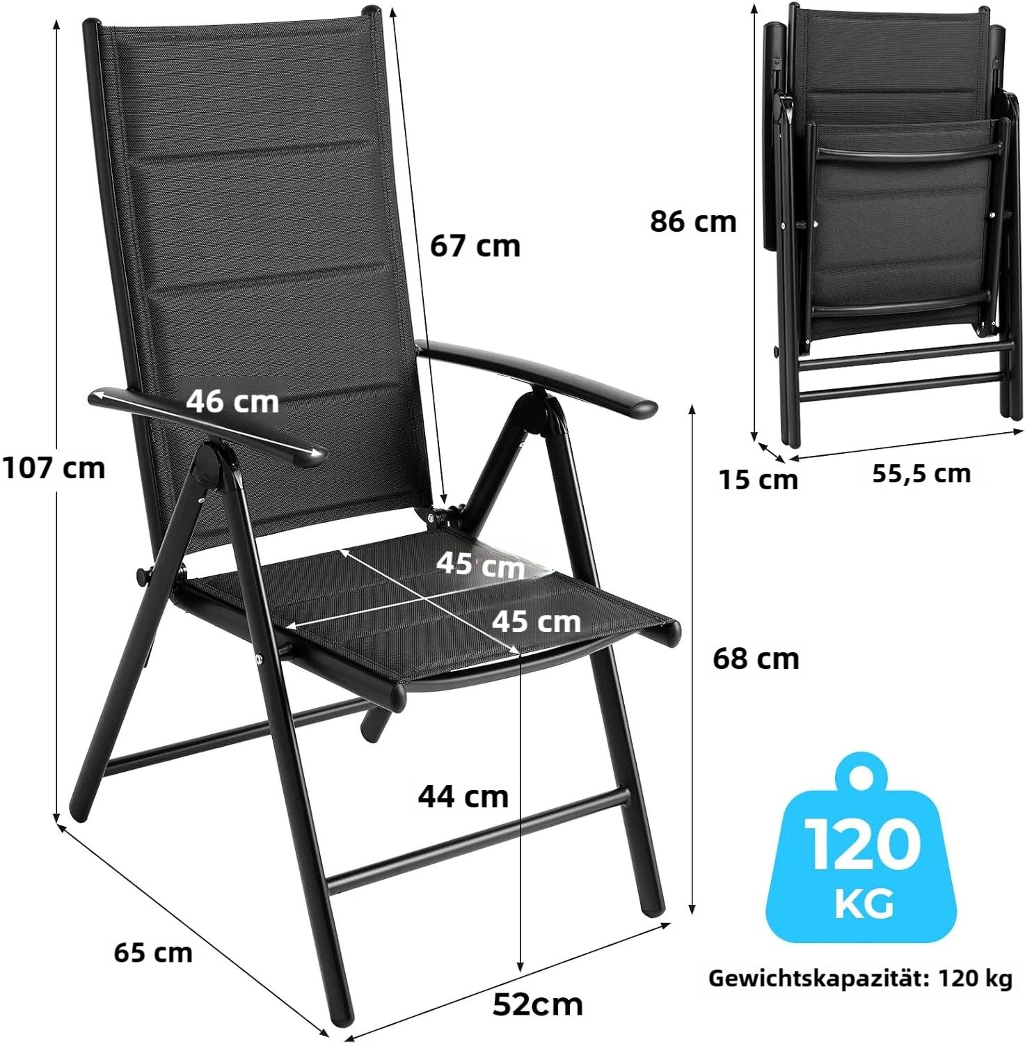 TLGREEN Gartenstuhl Hochlehner Klappbar,2er Set Aluminium Balkonstuhl, (mit Gesteppte Rückenlehne & Sitzfläche,7-Fach Verstellbar,Bis 120 kg, 2 St), utdoor Esszimmerstuhl, Armlehnen Klappstuhl