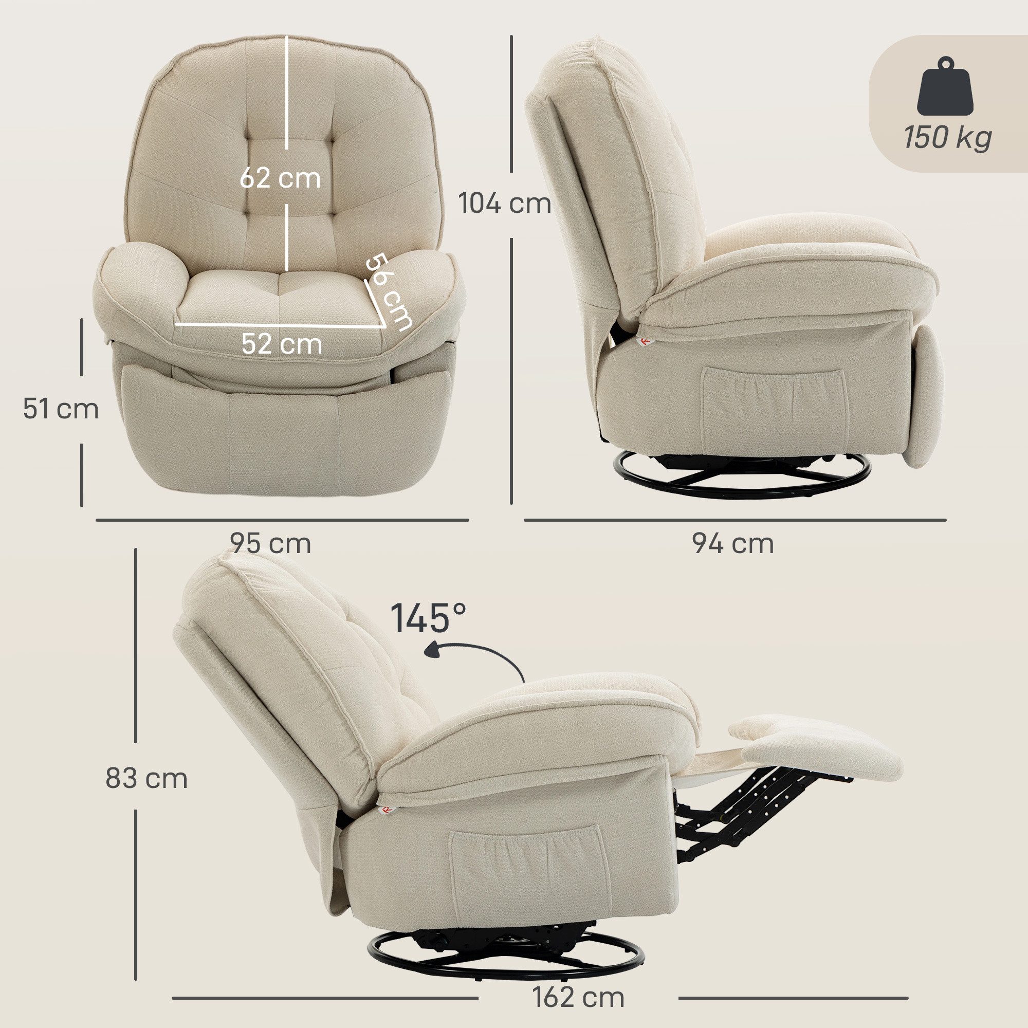 HOMCOM Relaxsessel Chenille-Sessel mit Fußstütze (Set, 1-St., Ruhesessel), 360° drehbar, wippend, bis 145° neigbar – Bild 3 von 5