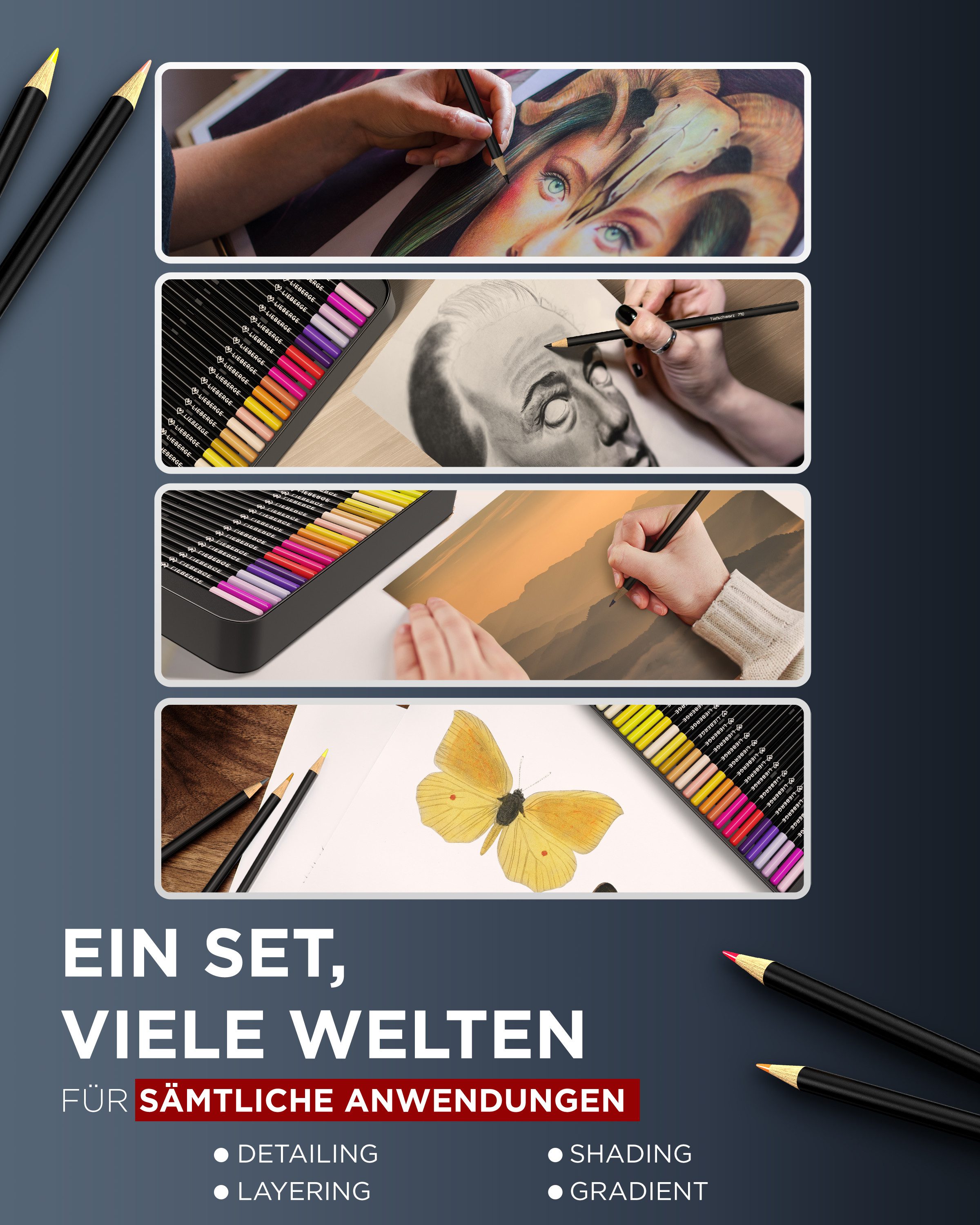 LIEBERGE Buntstift Premium Set 72 Farben in Metallschatulle, (Set, 72-tlg., 72 Buntstifte in Metallschatulle), 72 intensive abgestimmte Farben, weiche bruchsich – Bild 4 von 5