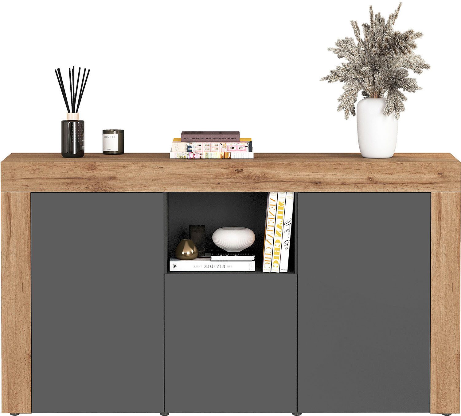 OTTO home Sideboard CHRONOS Breite 155 cm mit 3 Türen, 1 offenes und 6 geschlossene Fächer (1 St), Sideboard,Kommode, Schrank, Grifflos mit Push to Open, Made in Italy