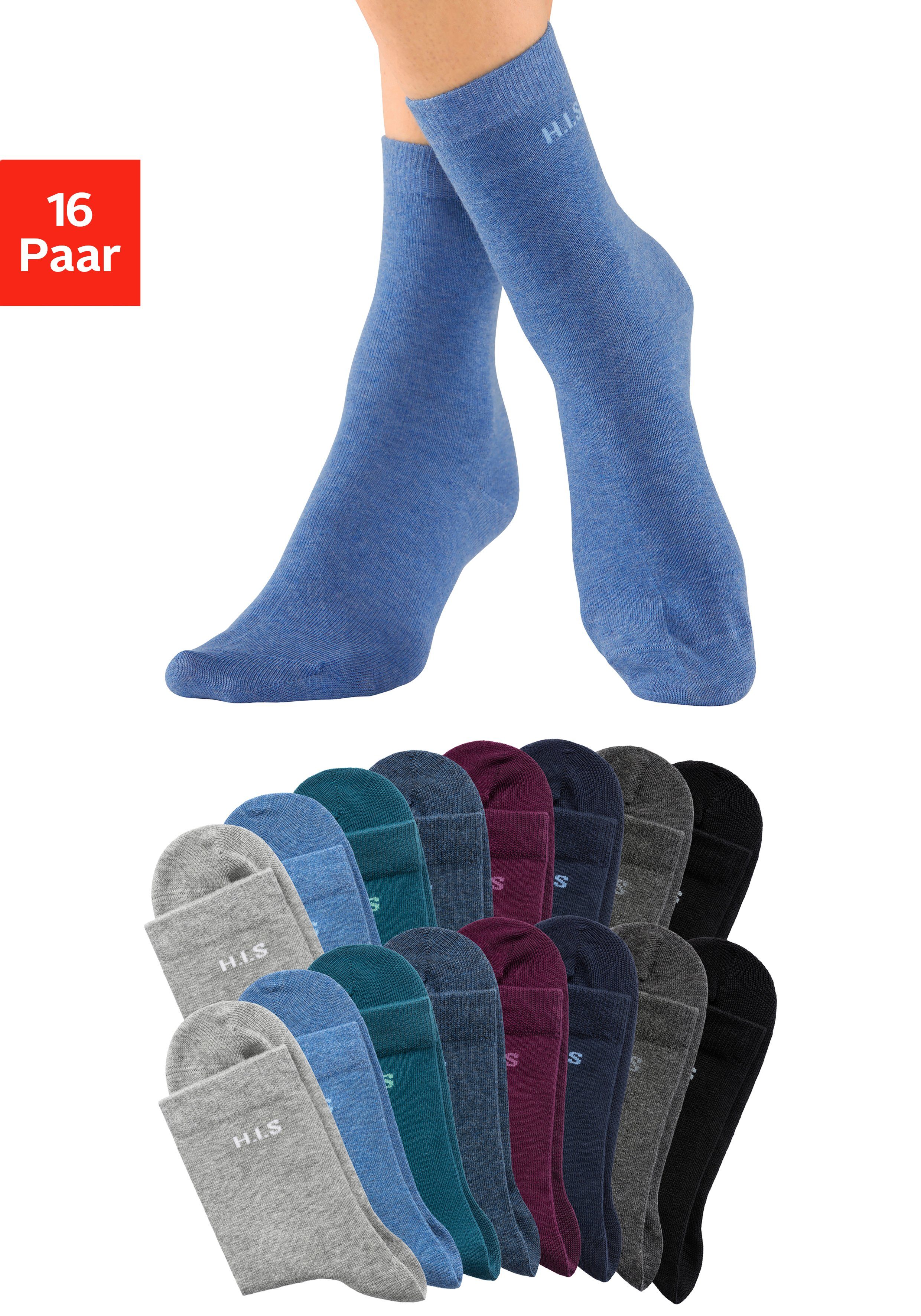 H.I.S Socken (16-Paar) mit eingestricktem Markenlogo navy, jeans melange, hell jeans melange, anthrazit melange, schwarz, petrol, hellgrau melange, himbeere | Lange Socken