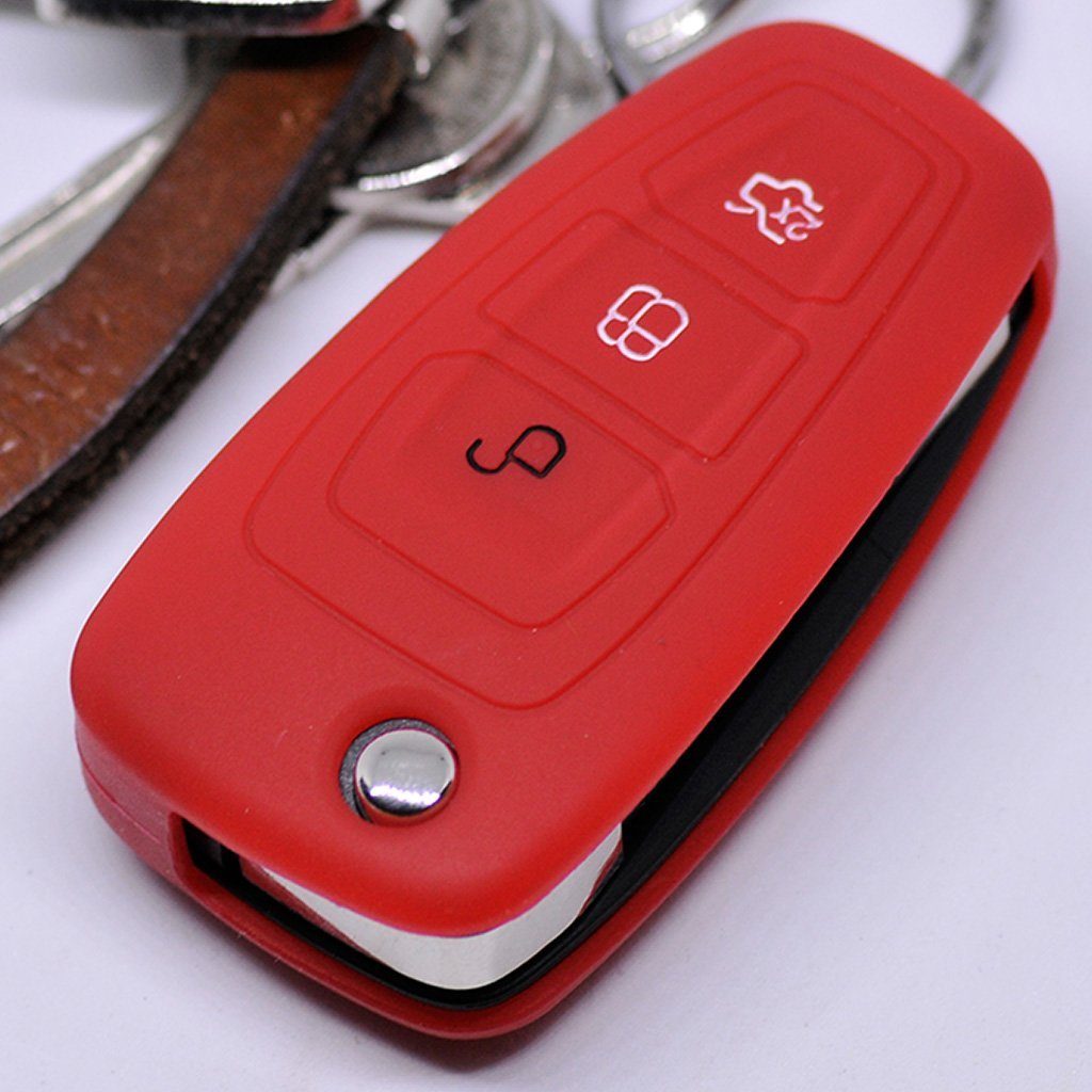 mt-key Schlüsseltasche Autoschlüssel Softcase Silikon Schutzhülle Rot, für Ford Mondeo Focus S-Max Fiesta Transit 3 Tasten Klappschlüssel | Schlüsseltaschen