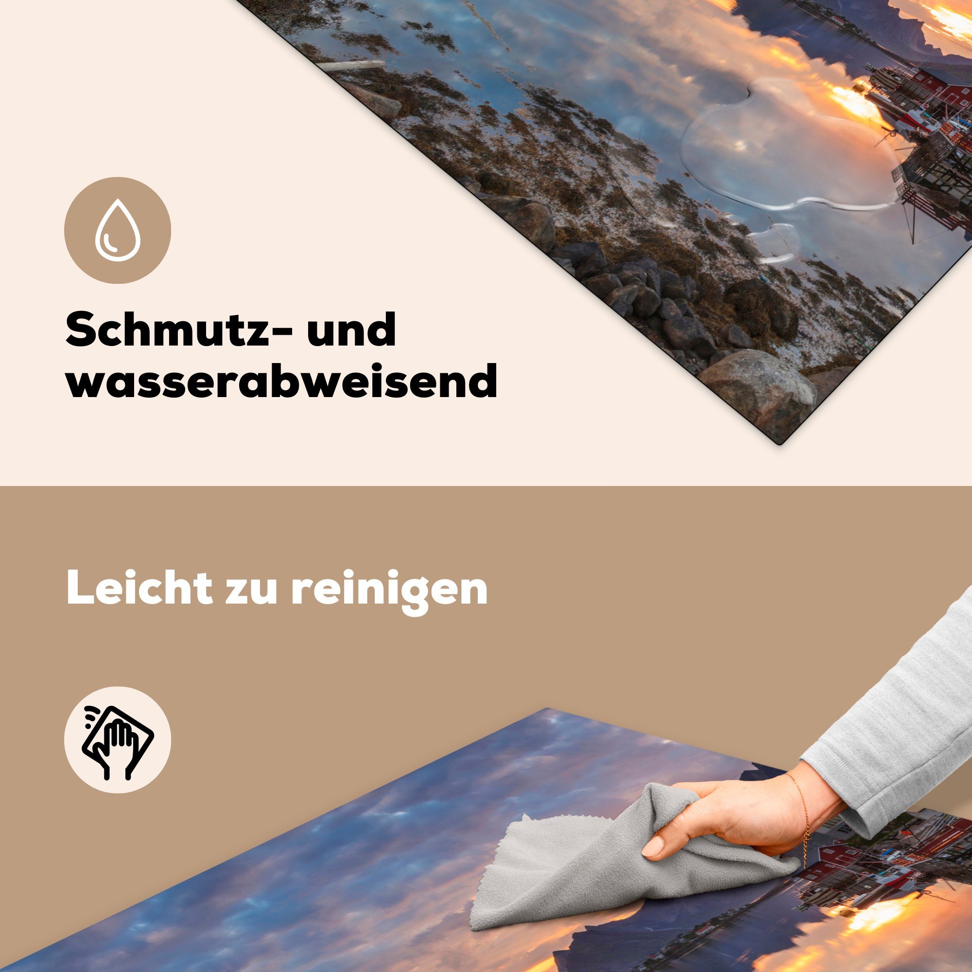 für an Ceranfeldabdeckung, einem tlg), Arbeitsplatte Sonnenuntergang Herdblende-/Abdeckplatte cm, (1 Lofoten, küche auf Vinyl, MuchoWow 78x78 See den