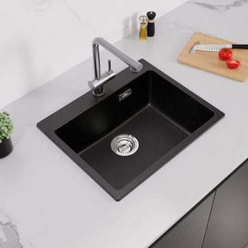 Auralum Küchenspüle Granitspüle Siphon Einbauspüle 55x45cm Rechteck Spülbecken +Armatur, Schwarz Granit Spüle mit Ausziehbar Wasserhahn